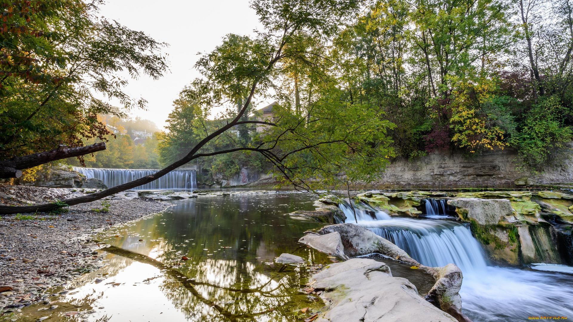 природа, водопады, скалы, река, водопад, пейзаж, k, деревья