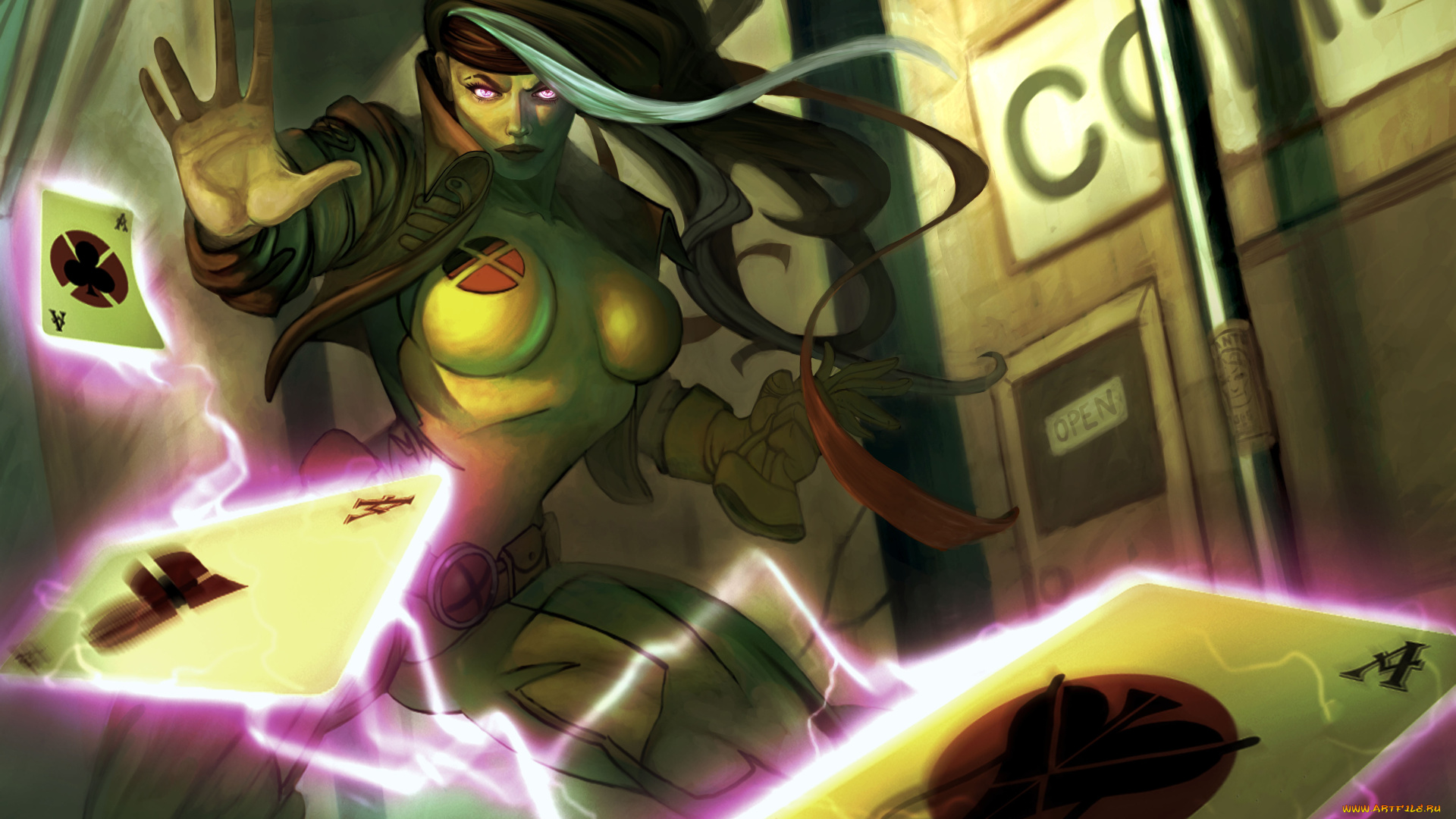 рисованное, комиксы, карты, униформа, взгляд, фон, девушка