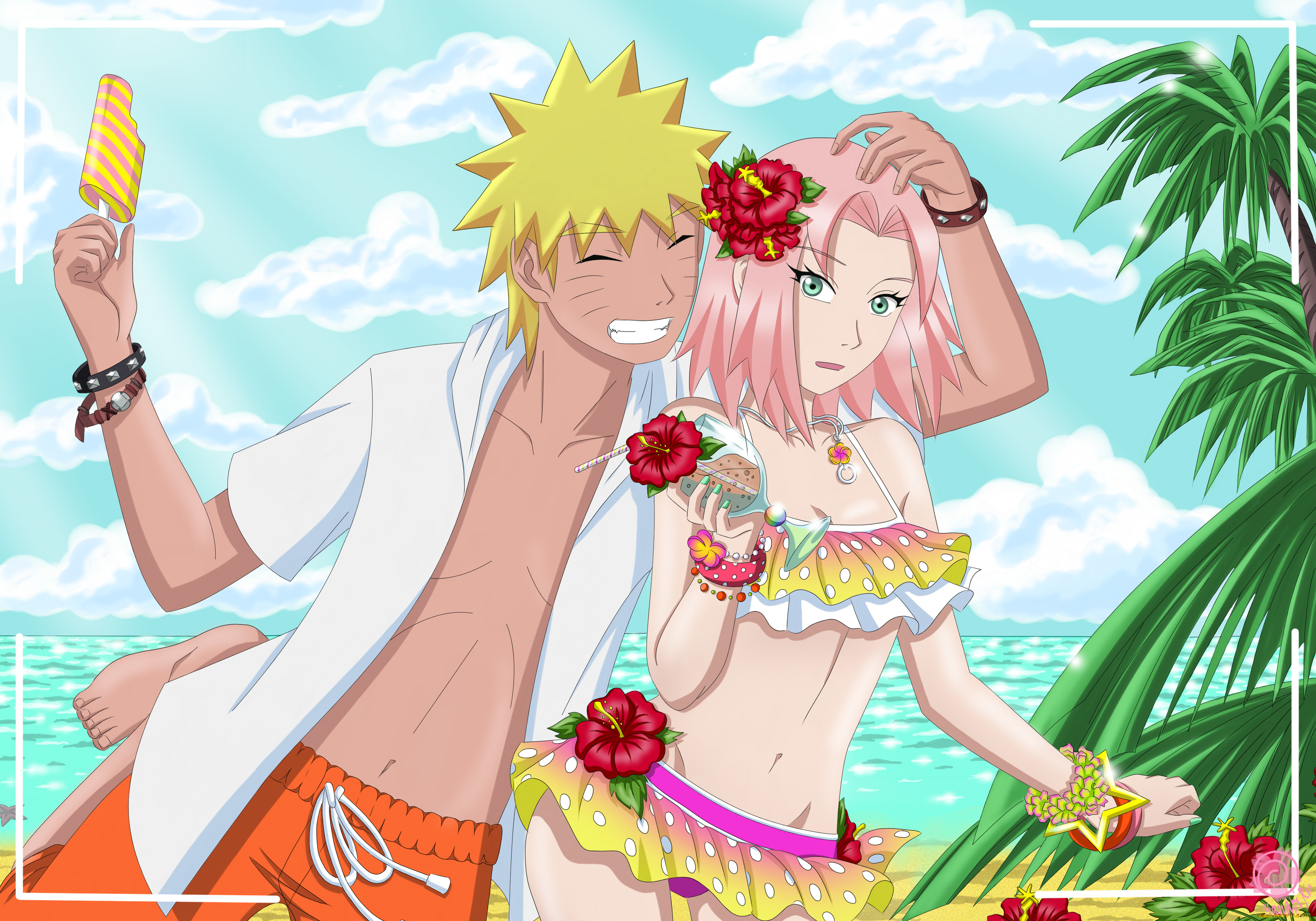 аниме, naruto, узумаки, наруто, сакура, пляж, море, мороженое, купальник