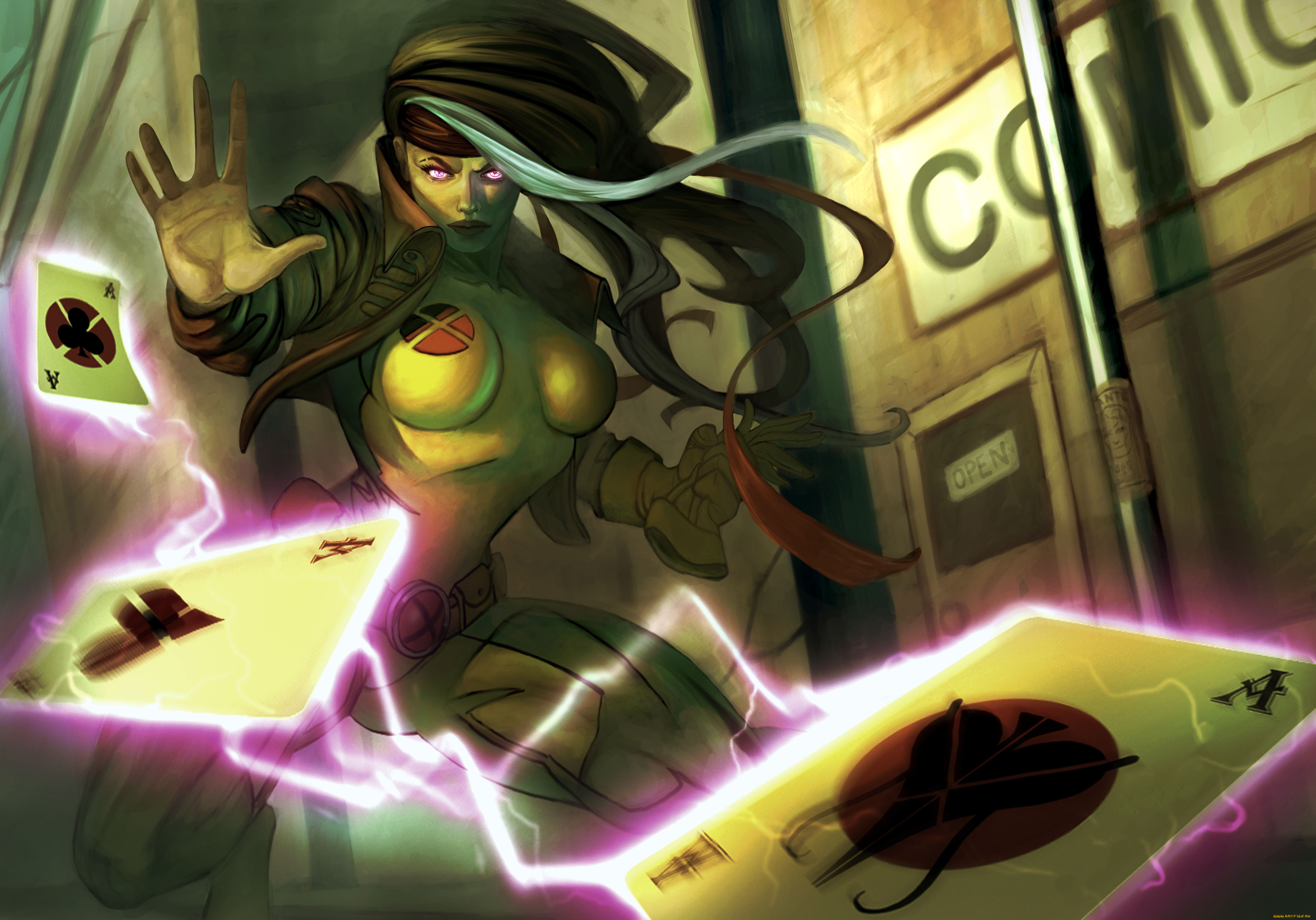 рисованное, комиксы, карты, униформа, взгляд, фон, девушка