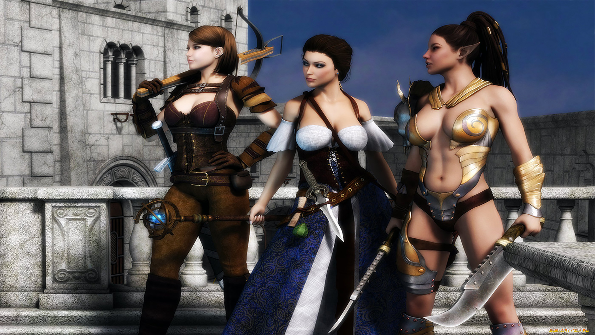 3д, графика, эльфы, , elves, взгляд, девушки, фон