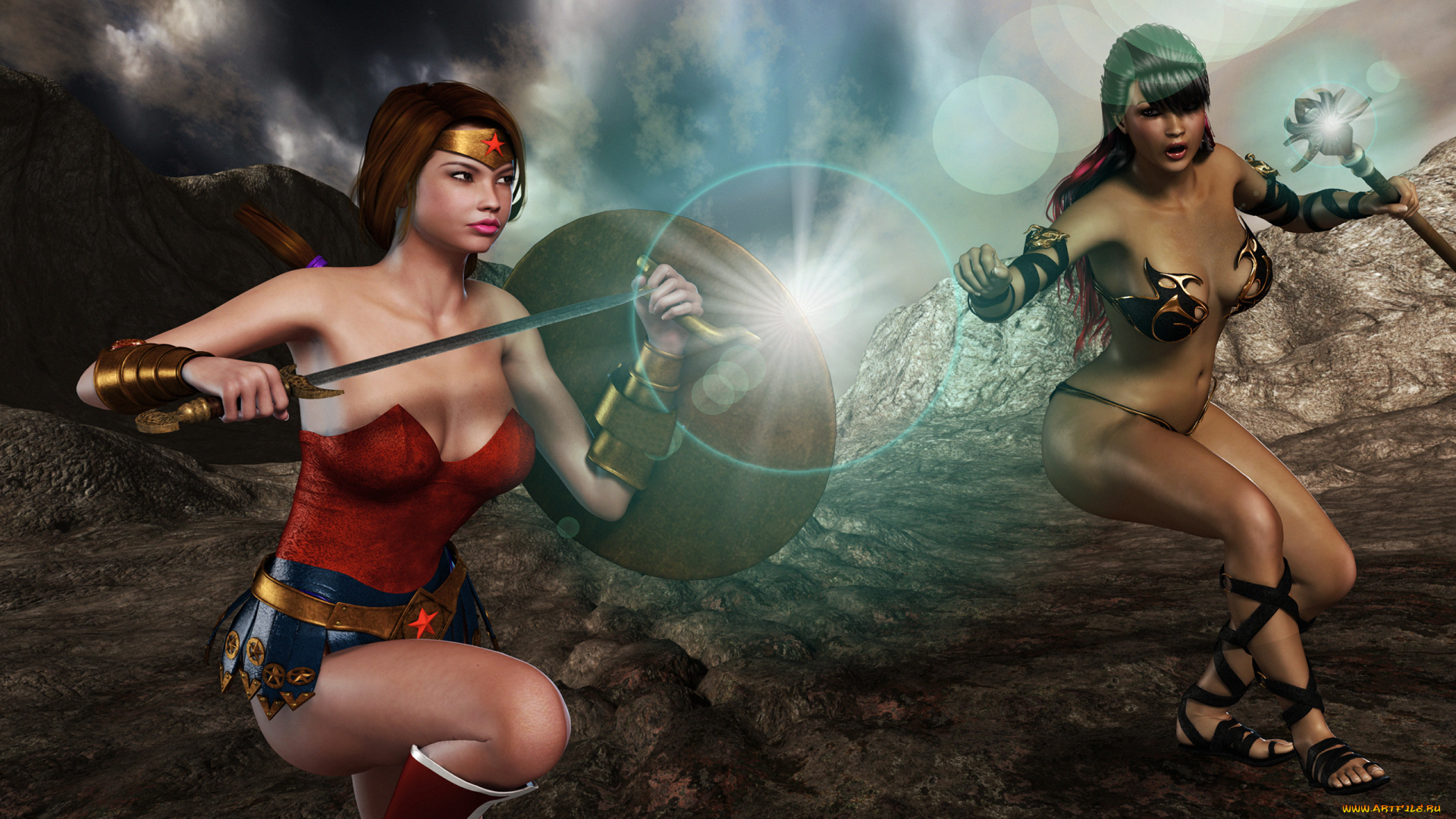 3д, графика, фантазия, , fantasy, девушки, взгляд, фон