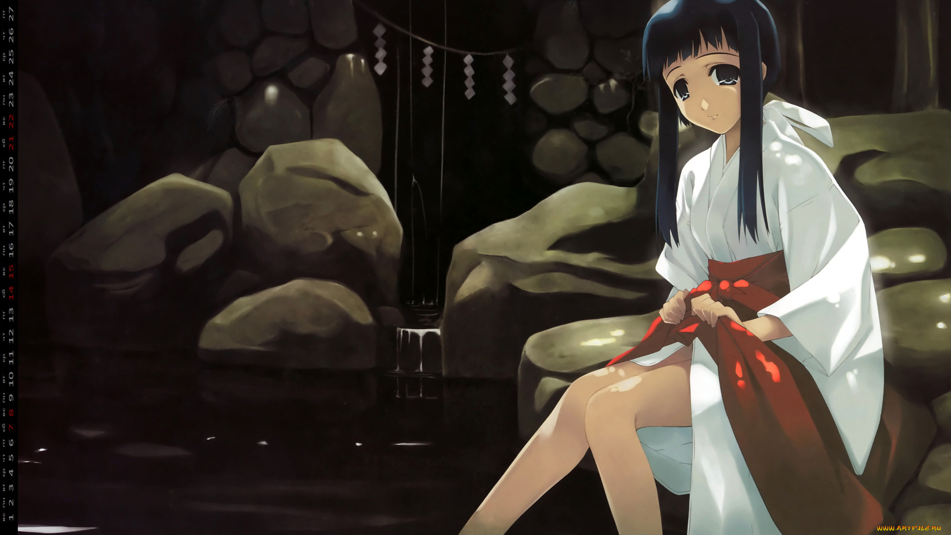 календари, аниме, девушка, взгляд, вода, камни