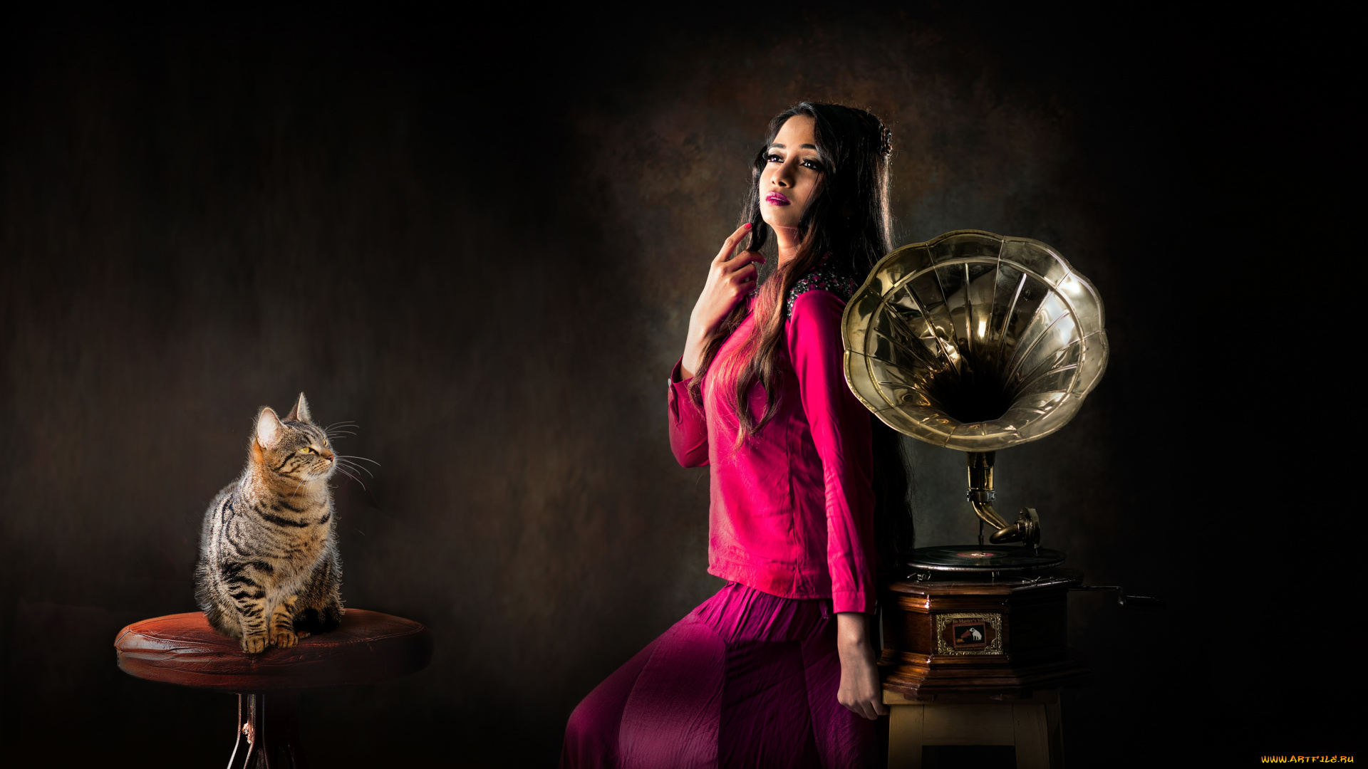 музыка, -другое, граммофон, кошка, взгляд, девушка