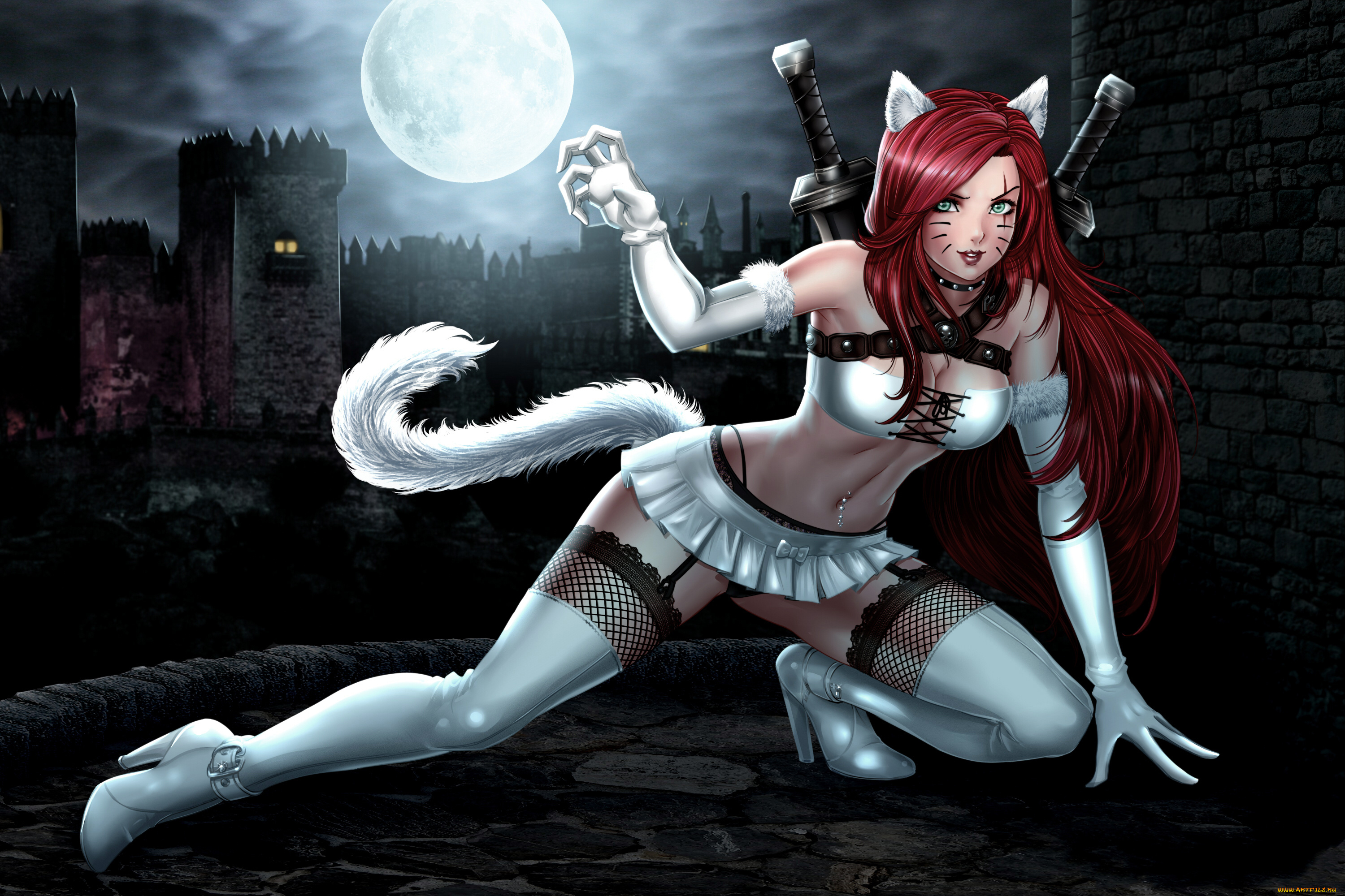 видео, игры, league, of, legends, меч, хвост, уши, взгляд, фон, девушка