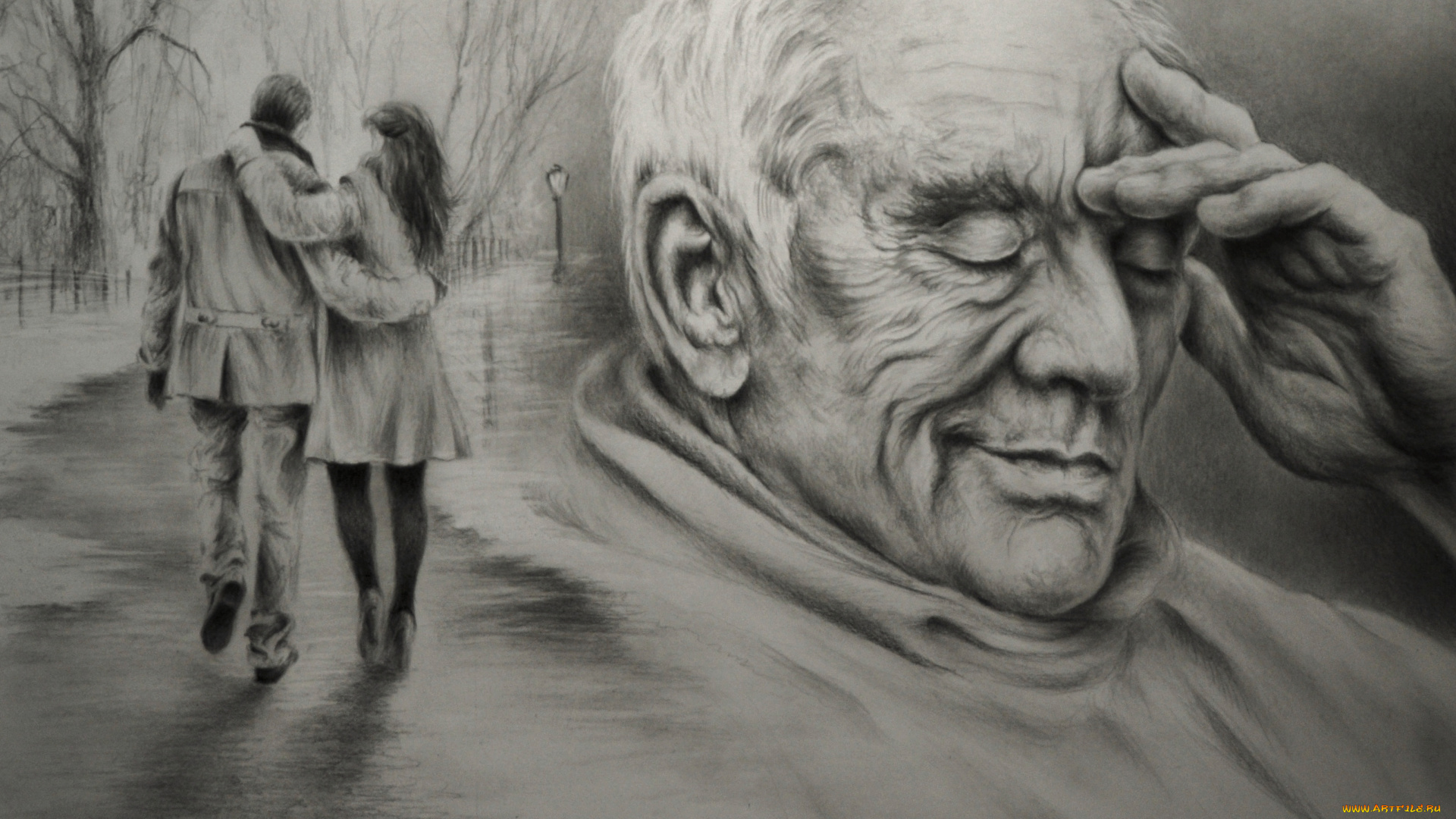 рисованное, люди, девушка, мужчина, фон, старик