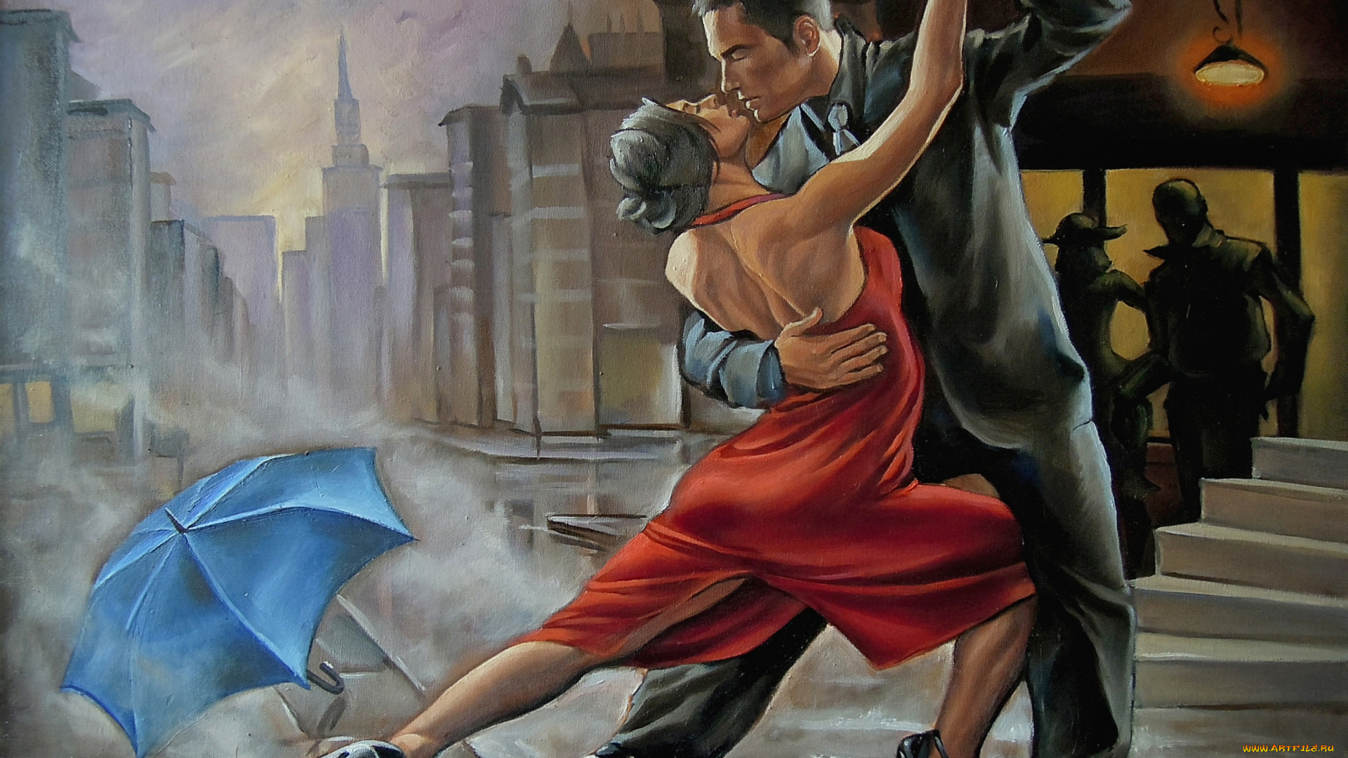 рисованное, люди, зонт, танец, мужчина, женщина