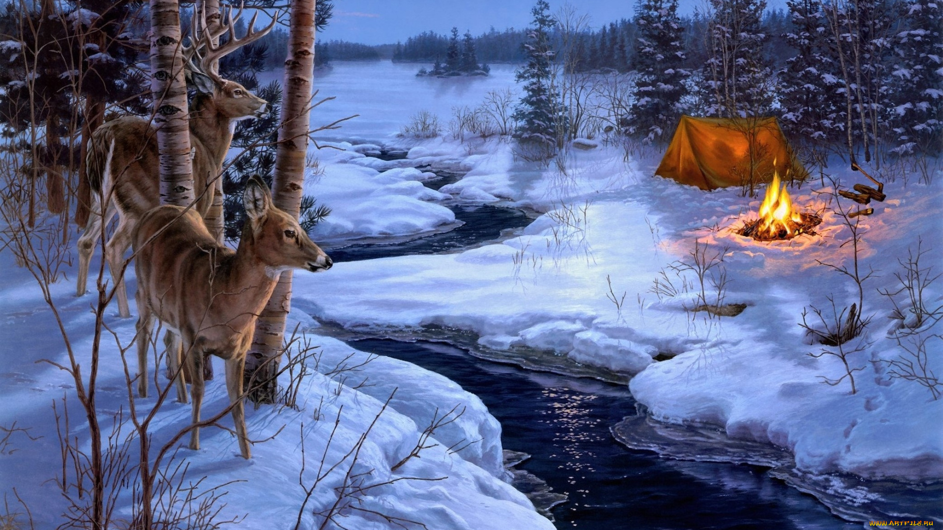 рисованное, животные, , олени, зима, олени