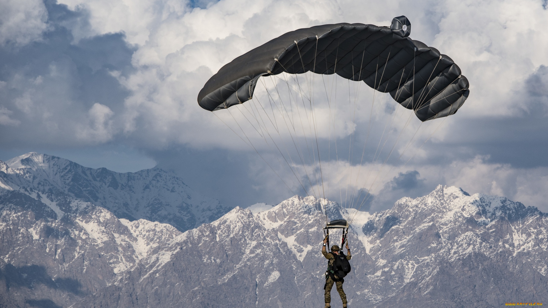 спорт, экстрим, парашют, солдат, армия, горы, небо, приземление