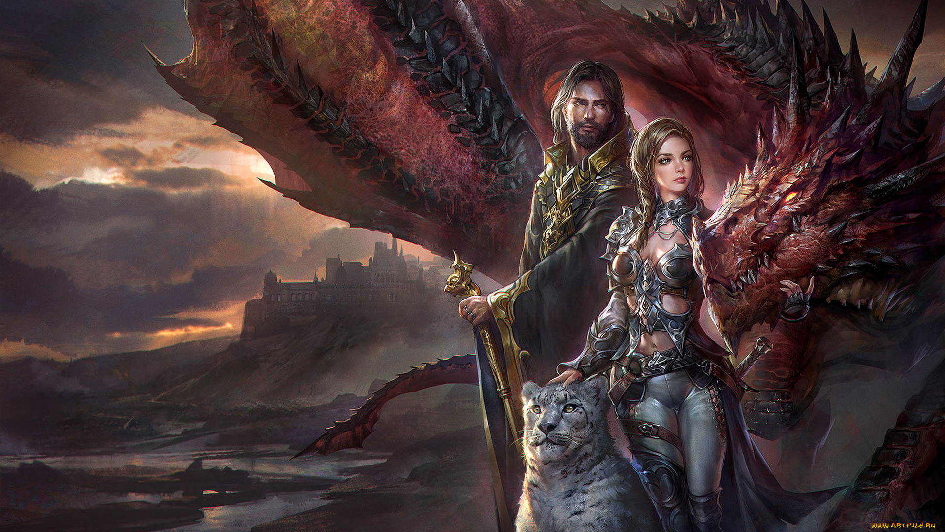 фэнтези, иные, миры, , иные, времена, девушка, мужчина, барс, дракон, униформа, фон, взгляд