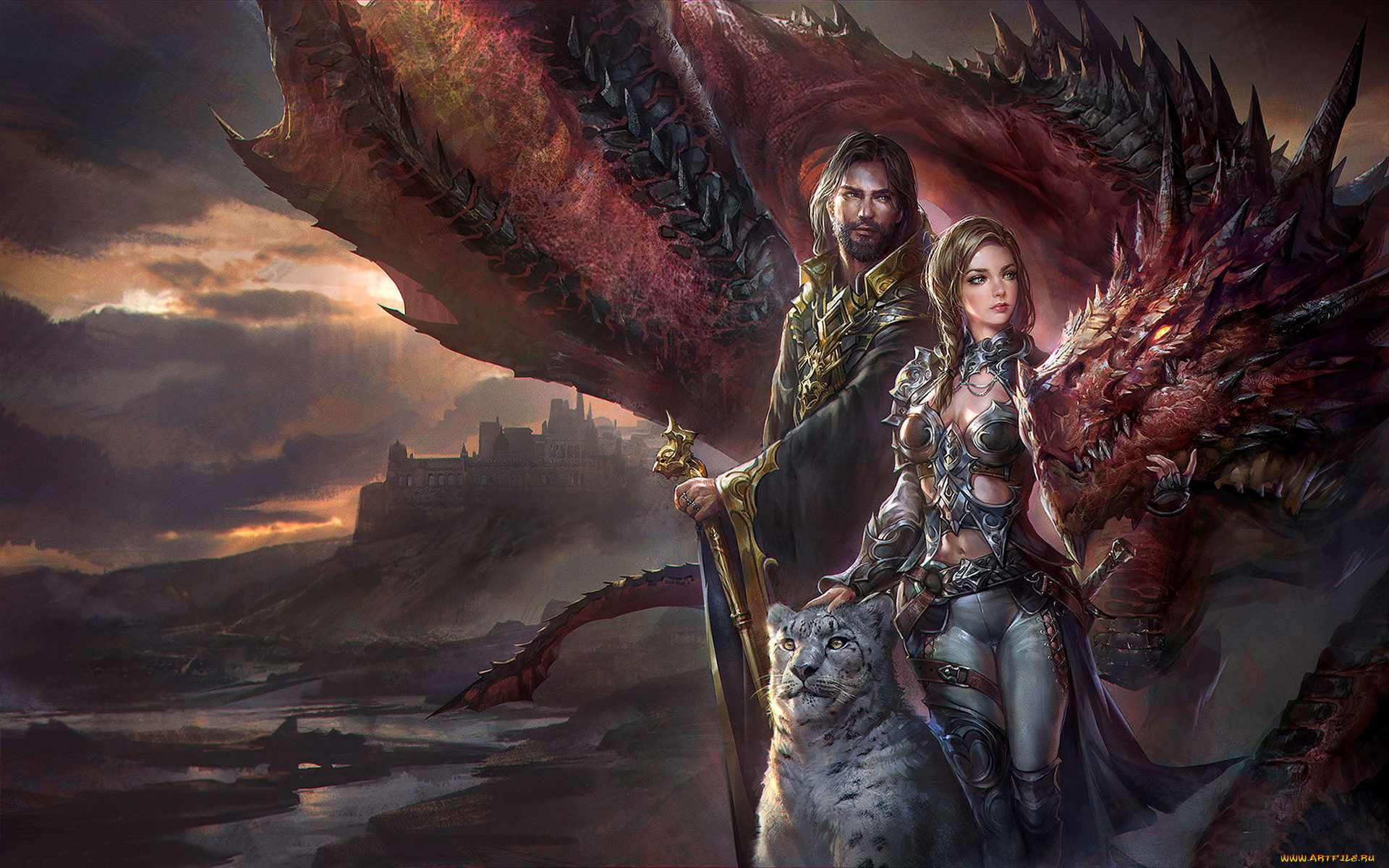 фэнтези, иные, миры, , иные, времена, девушка, мужчина, барс, дракон, униформа, фон, взгляд