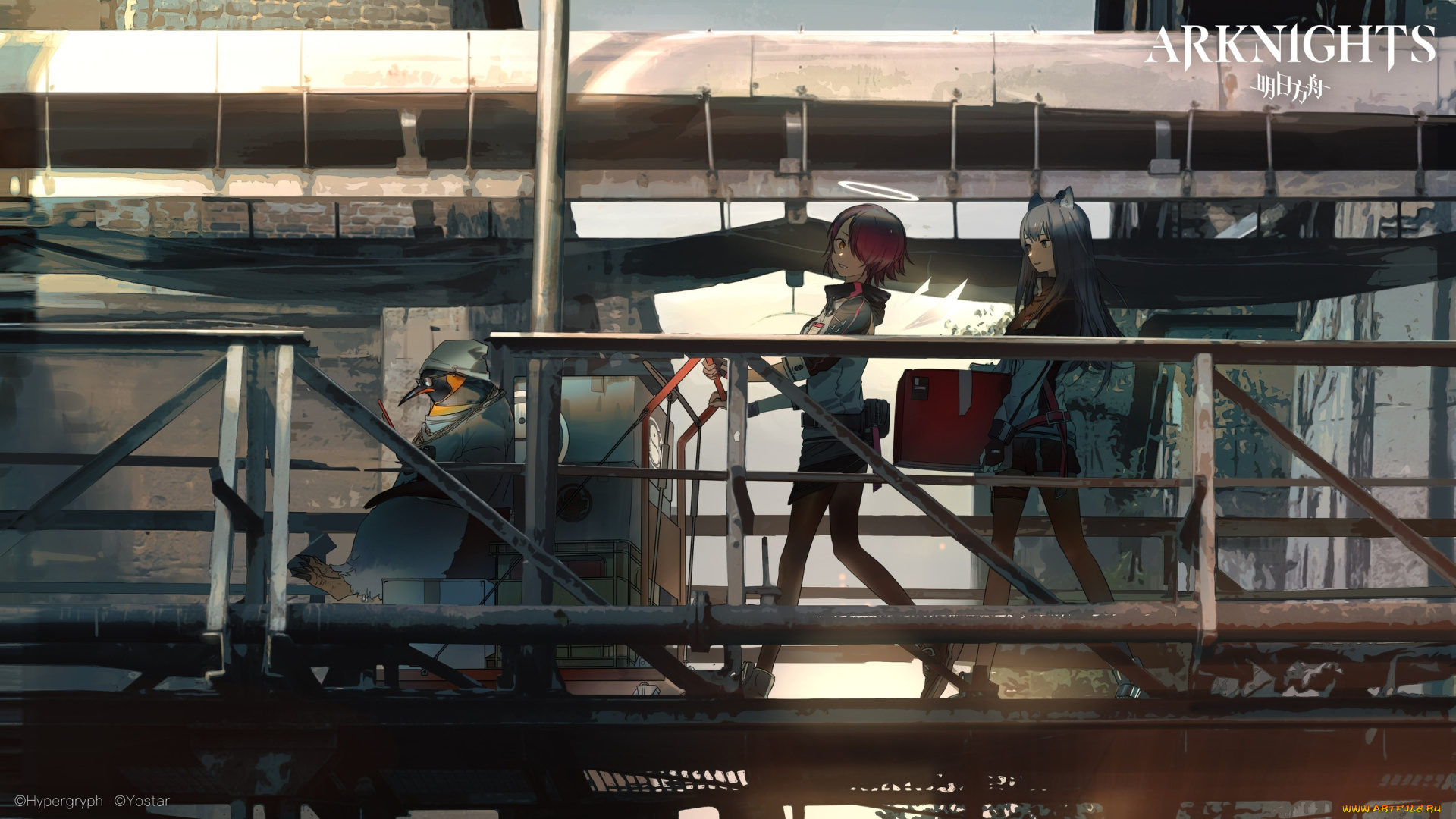 аниме, arknights, девочки, пингвин, тележка, мост