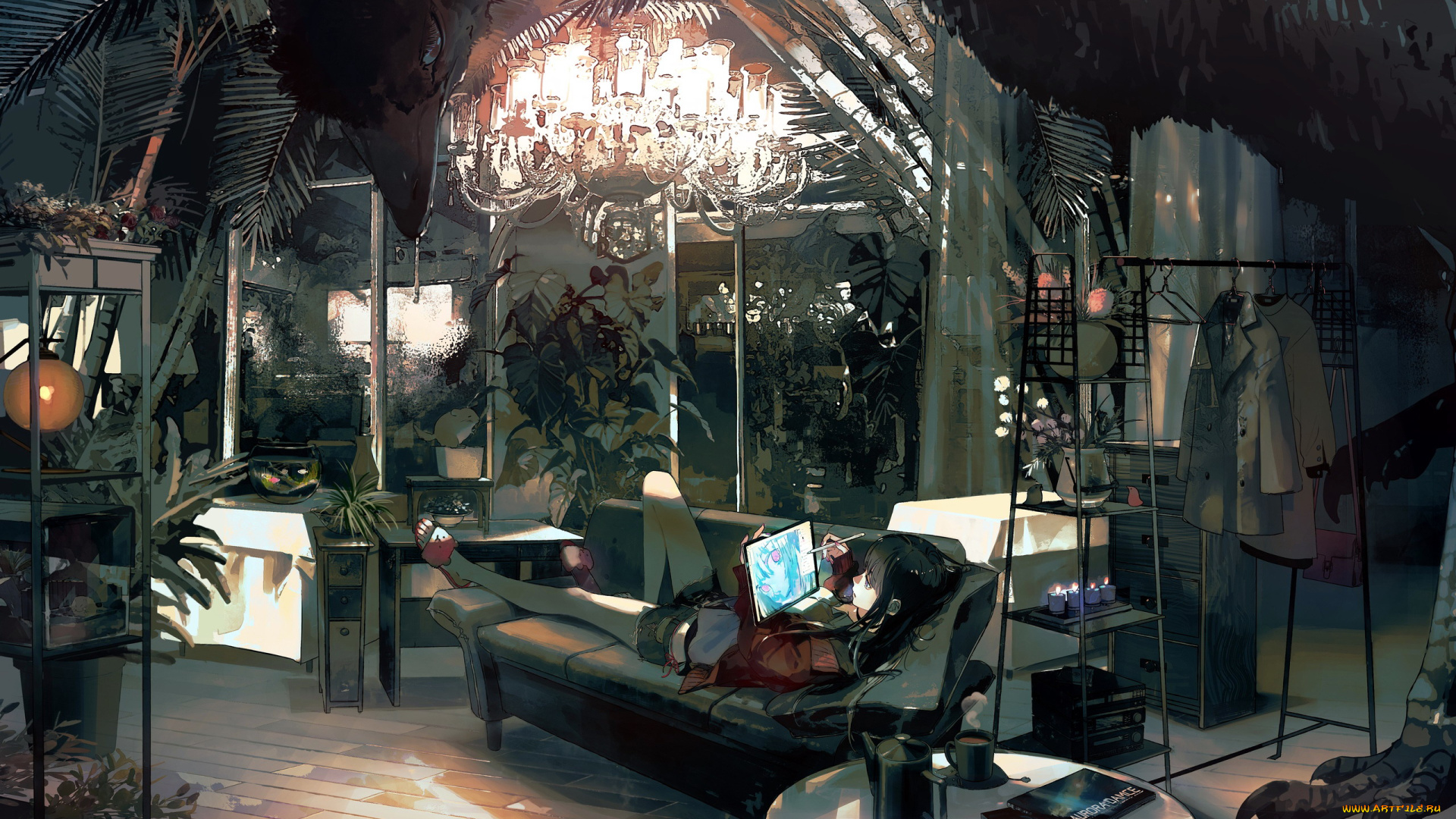 аниме, город, , улицы, , интерьер, , здания, девочка, комната, птица, планшет, диван