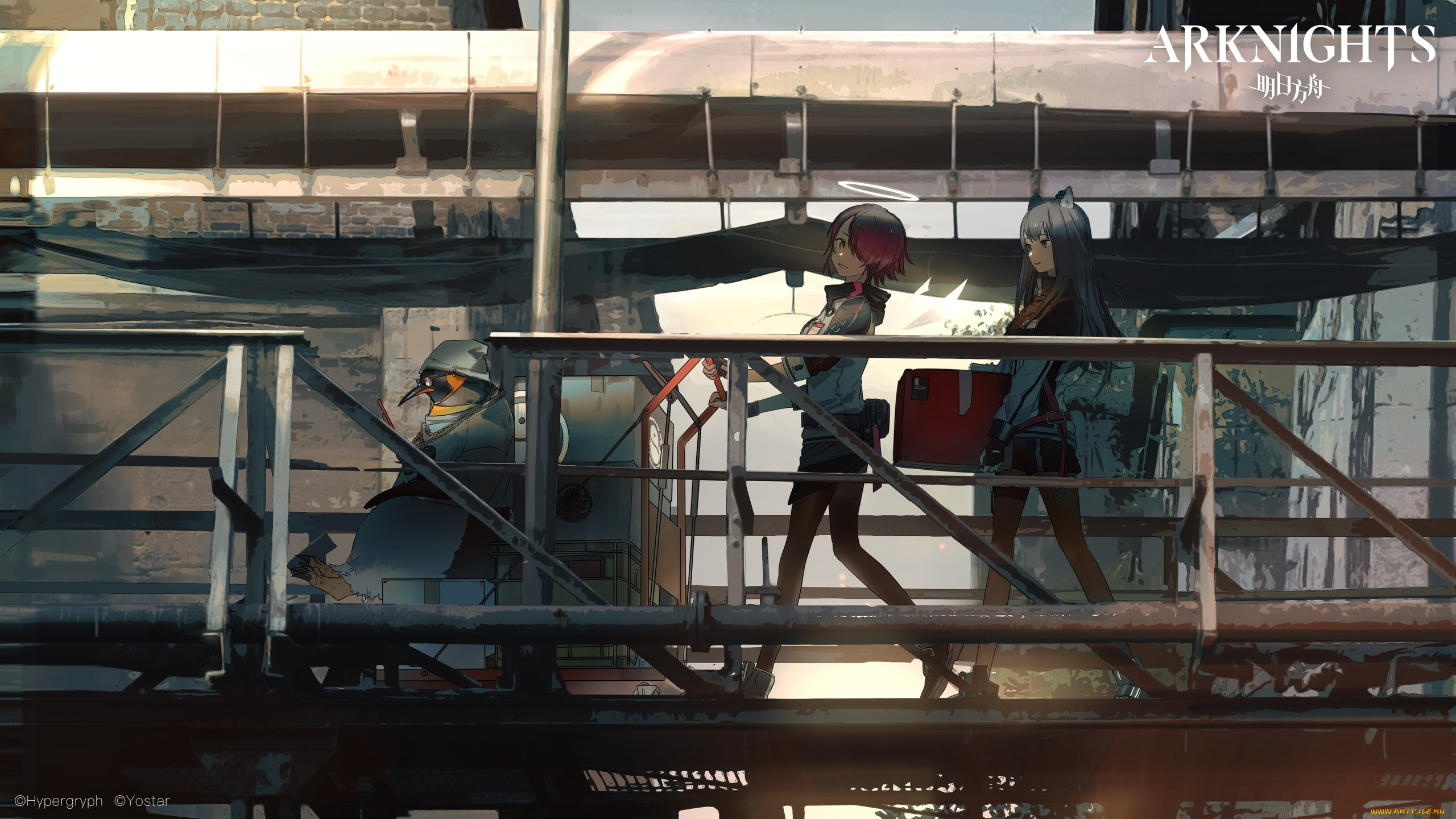 аниме, arknights, девочки, пингвин, тележка, мост
