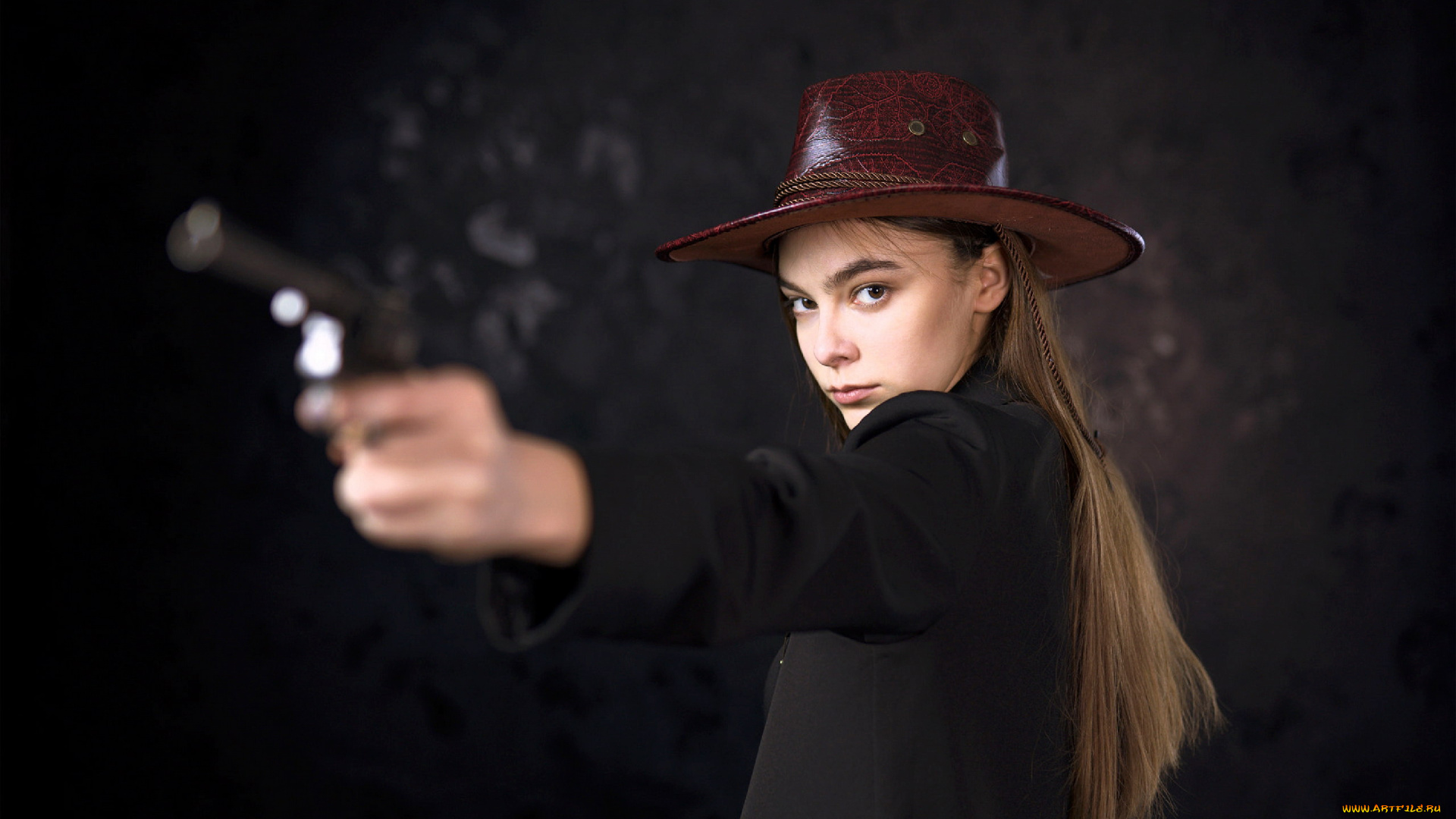 девушки, -, девушки, с, оружием, блондинка, шляпа, пистолет