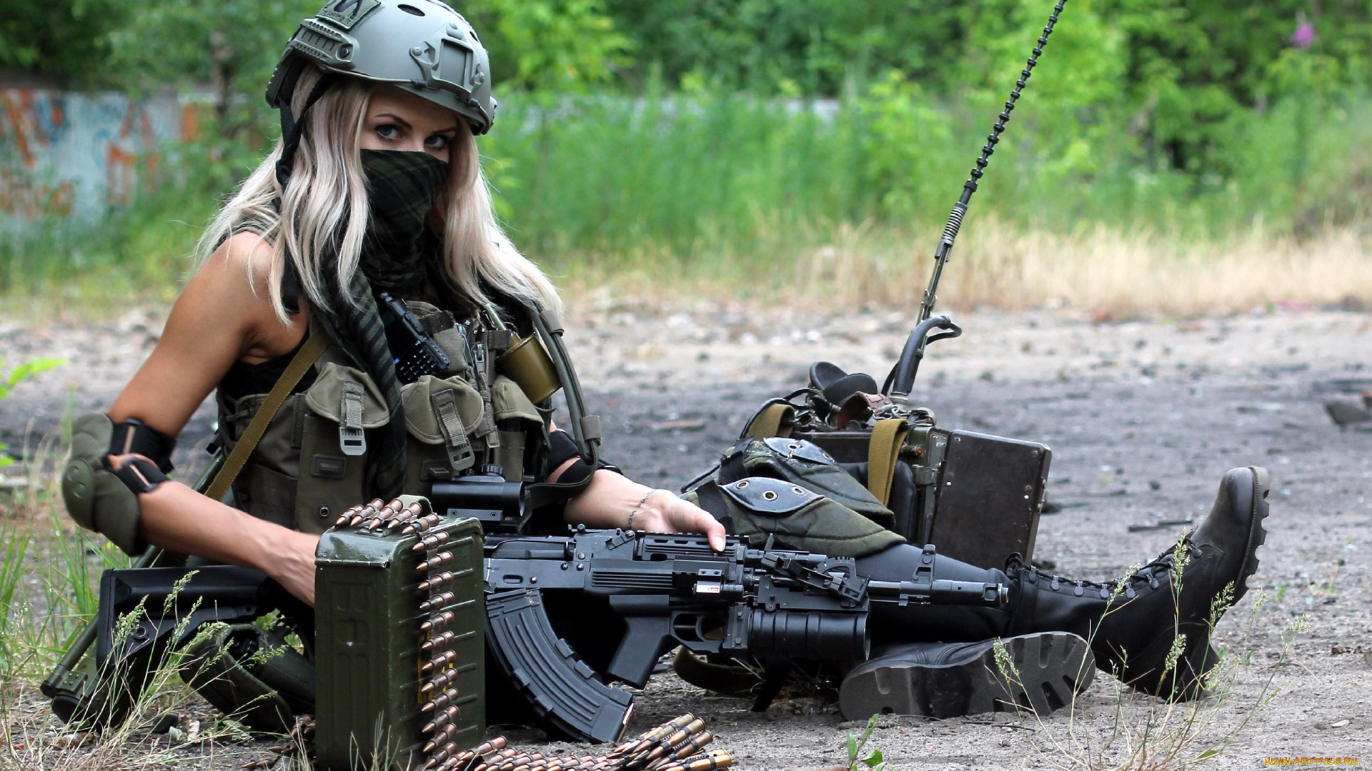 девушки, -, девушки, с, оружием, блондинка, каска, рация, винтовка, маска