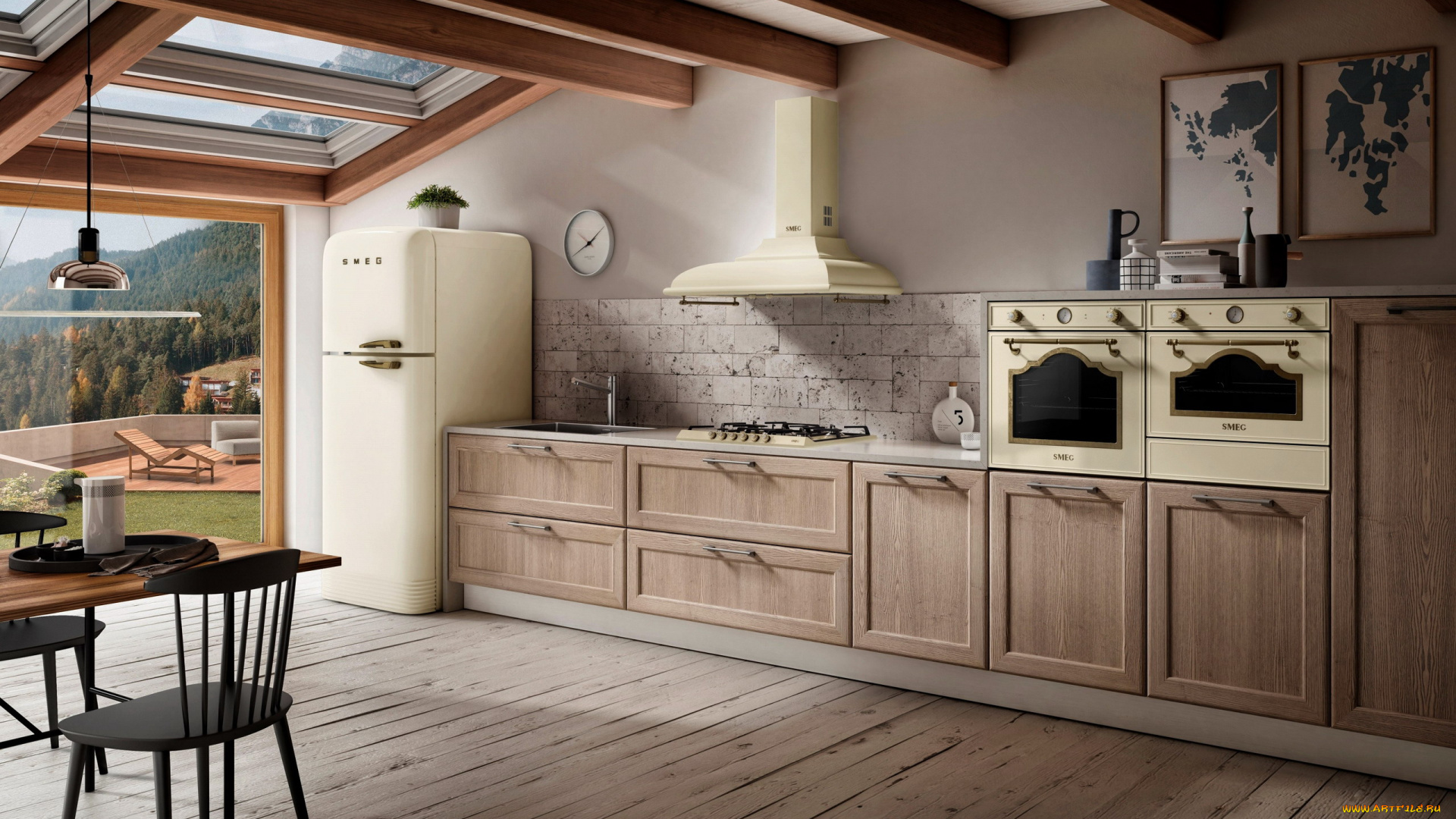 интерьер, кухня, холодильник, плита, шкафы