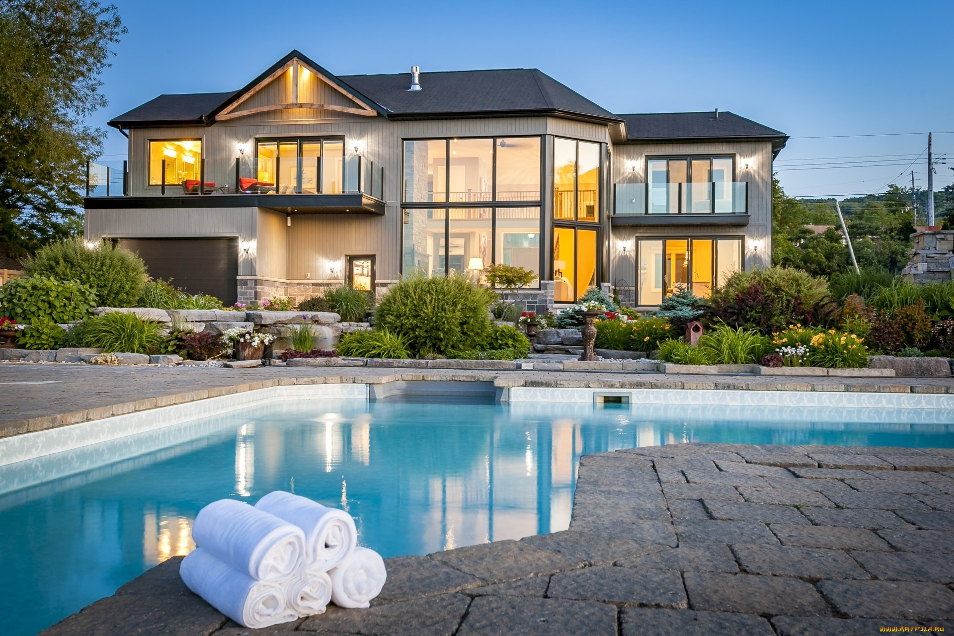 интерьер, бассейны, , открытые, площадки, вилла, вечер, бассейн