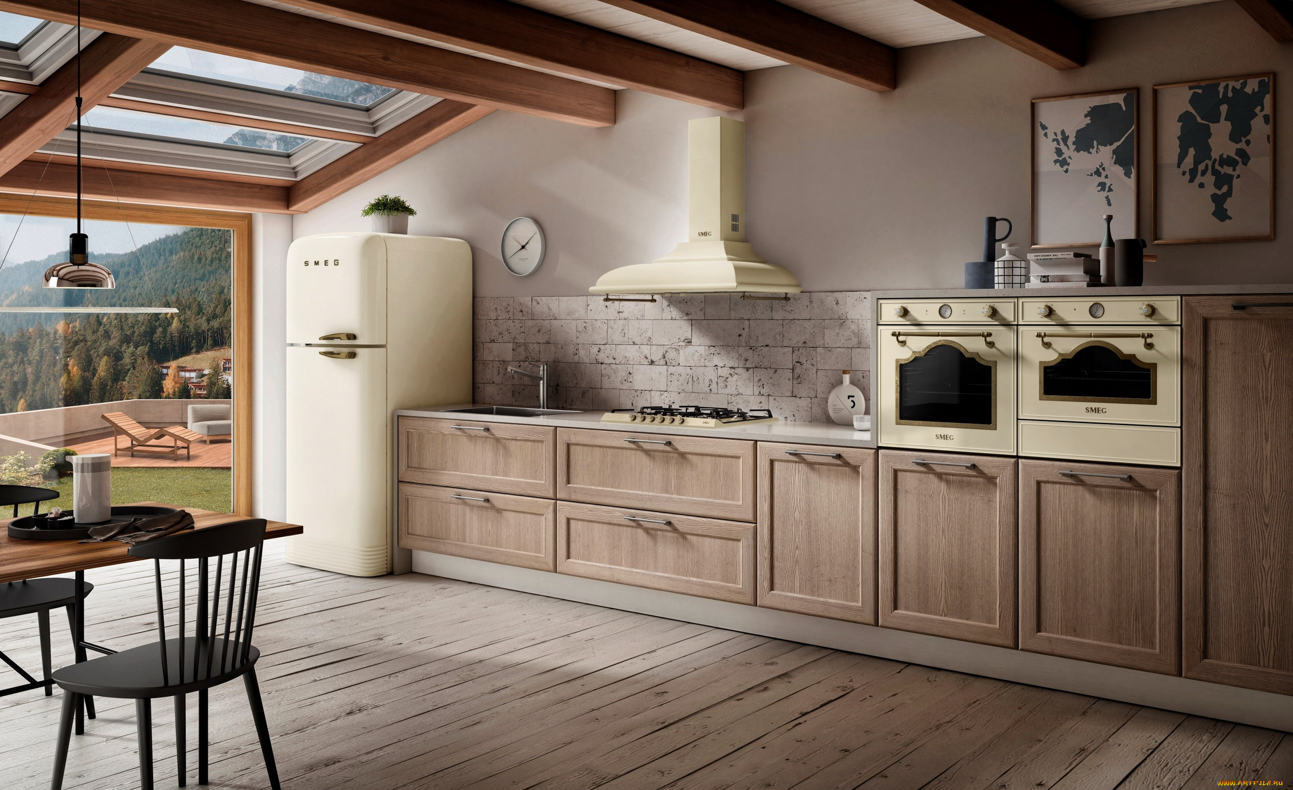 интерьер, кухня, холодильник, плита, шкафы