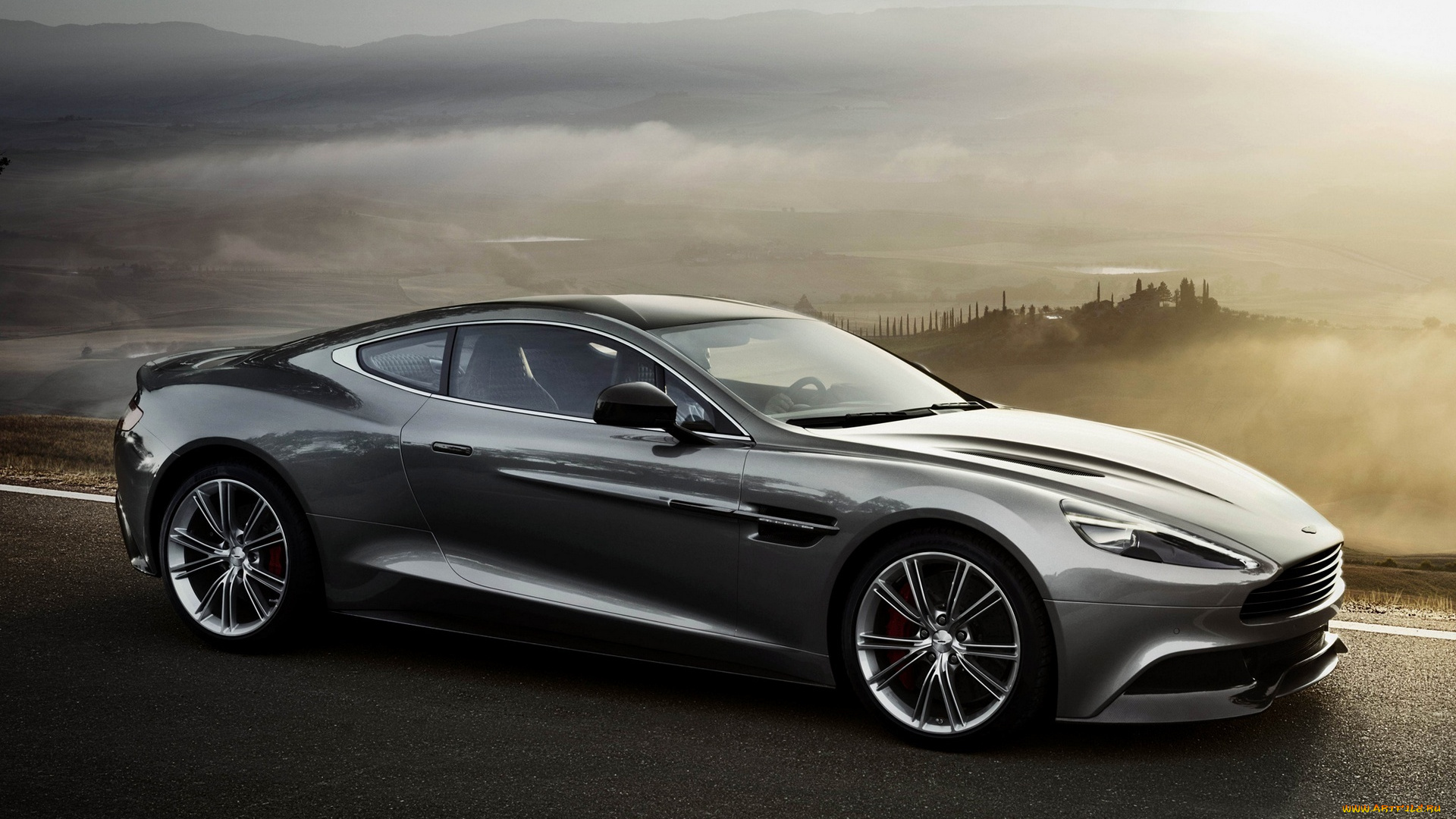 aston, martin, vanquish, автомобили, aston, martin, серый, дорога, туман