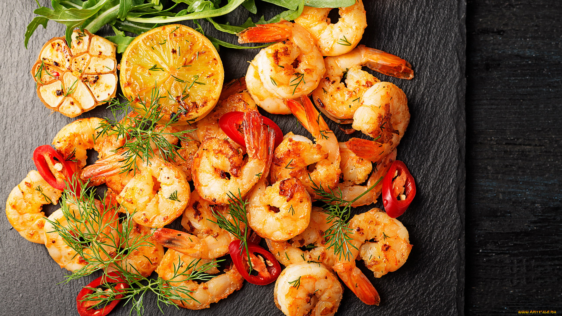 еда, рыбные, блюда, , с, морепродуктами, креветки, чеснок, перец, лимон, укроп