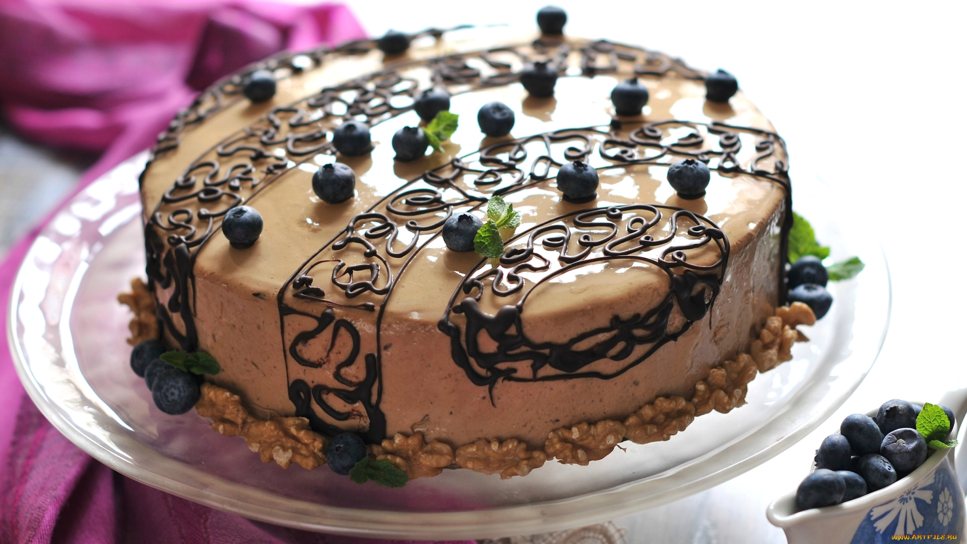еда, торты, шоколадный, торт, черника, орехи