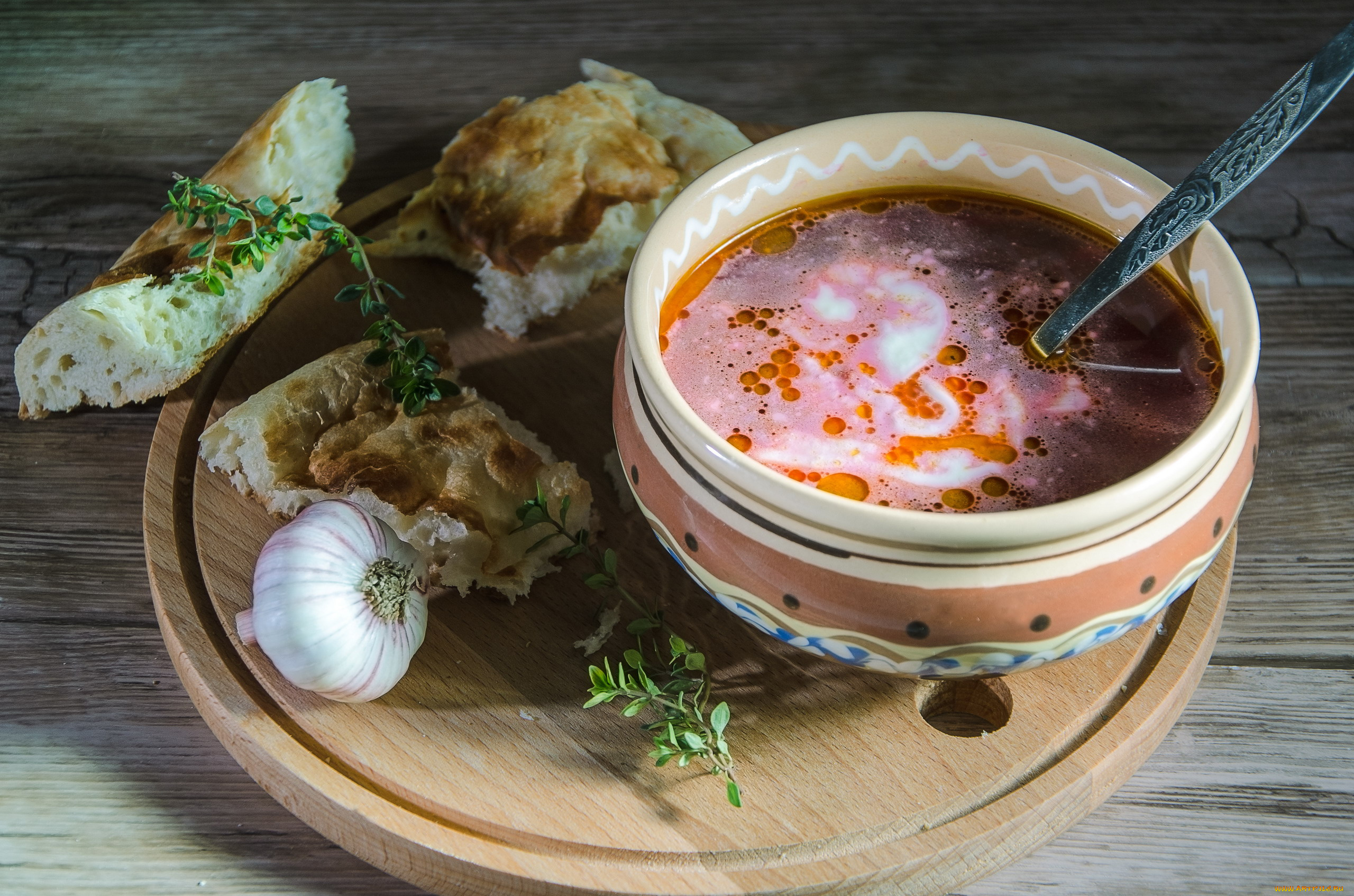 еда, первые, блюда, чеснок, лепешка, борщ