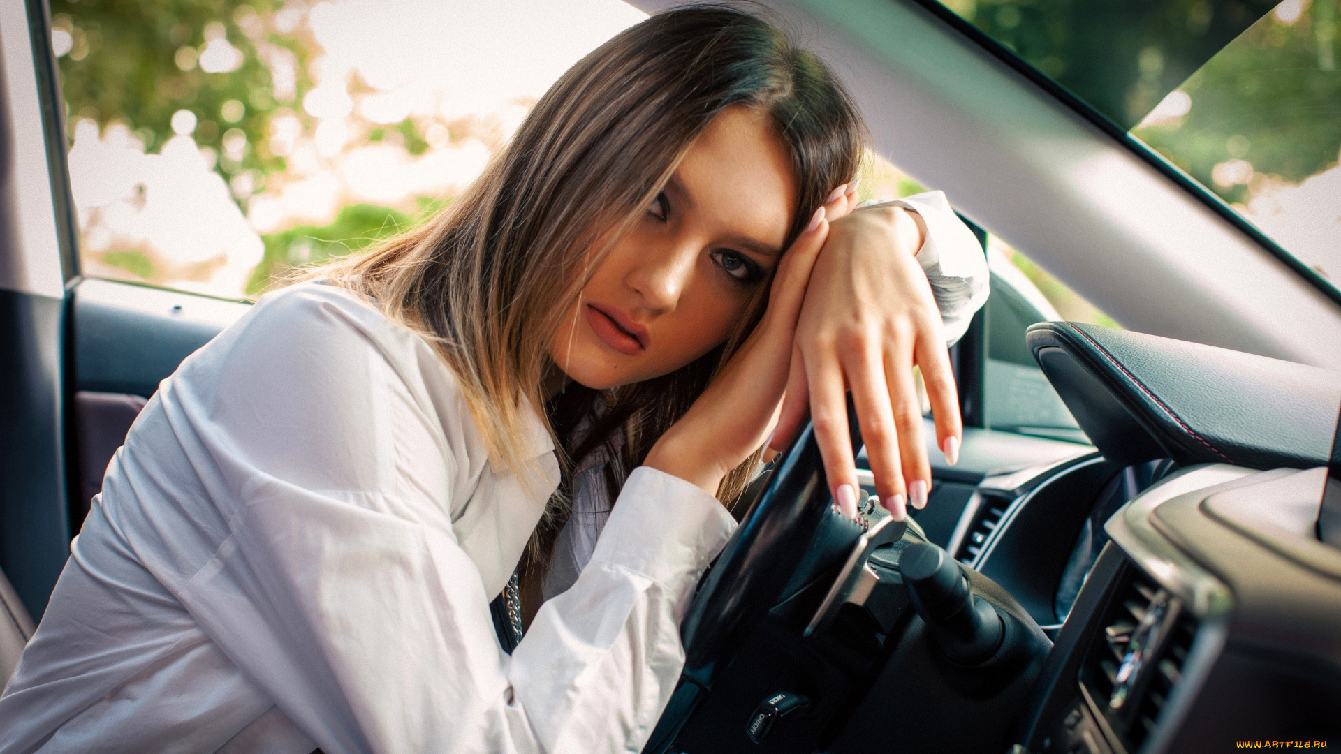 девушки, -, лица, , портреты, лицо, рубашка, машина