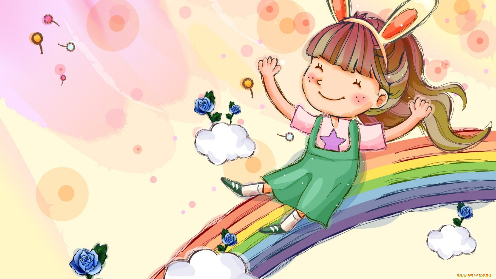 рисованное, дети, девочка, ушки, радуга, облака