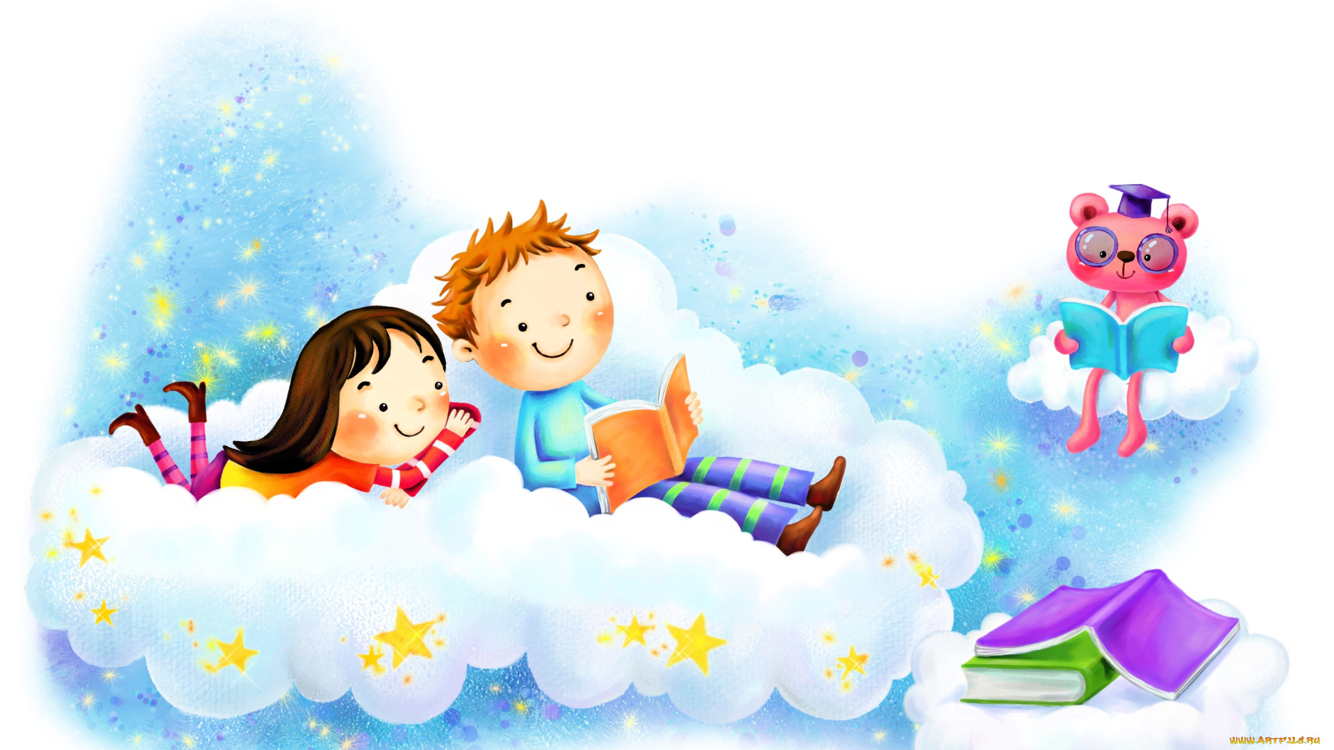 рисованное, дети, книги, облака, мишка