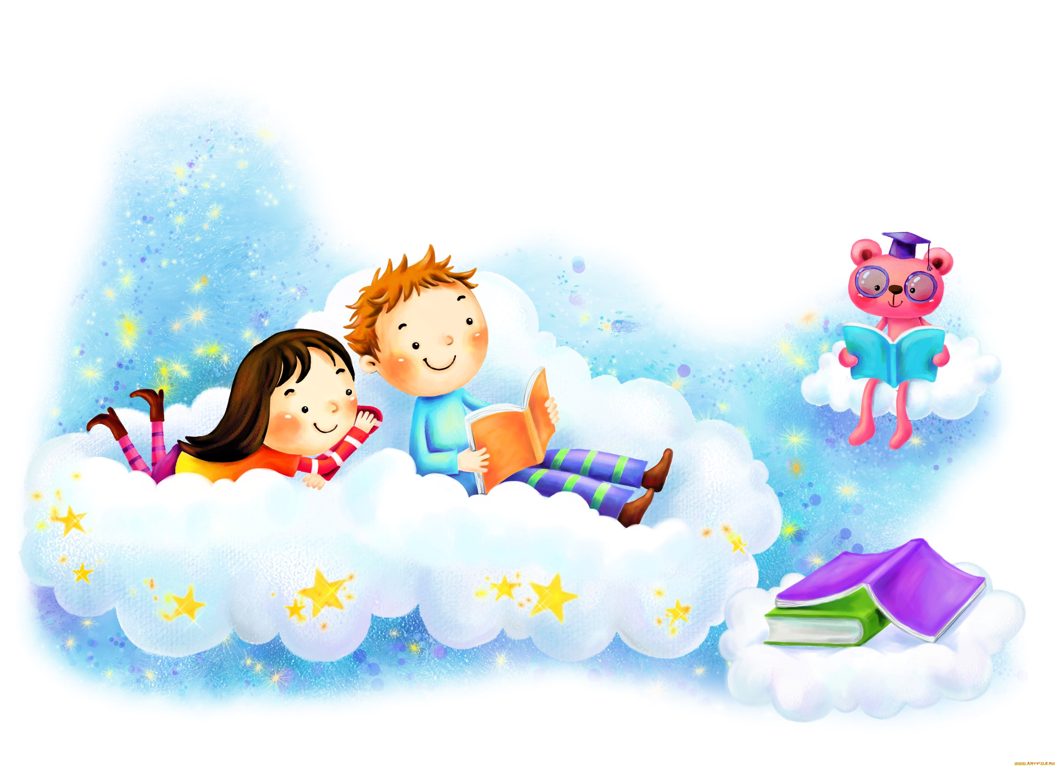 рисованное, дети, книги, облака, мишка