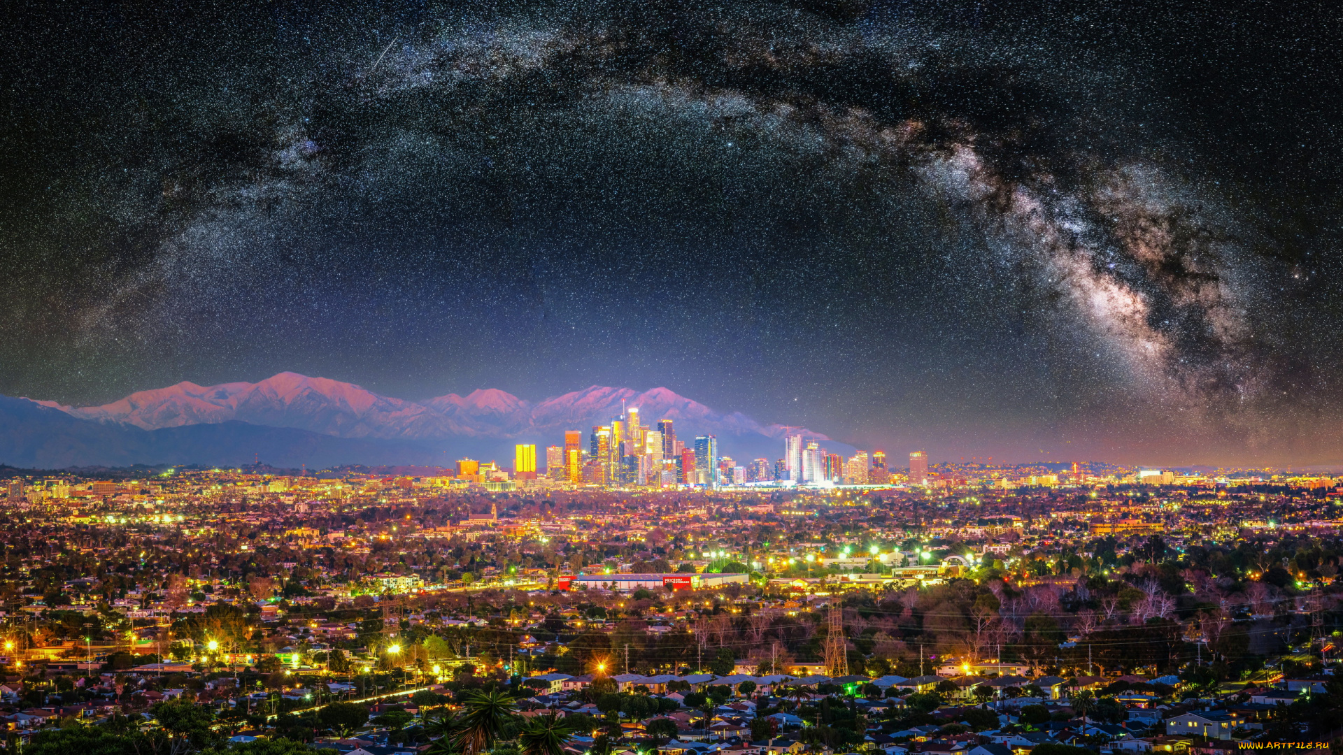 города, лос-анджелес, , сша, вечер, огни, панорама