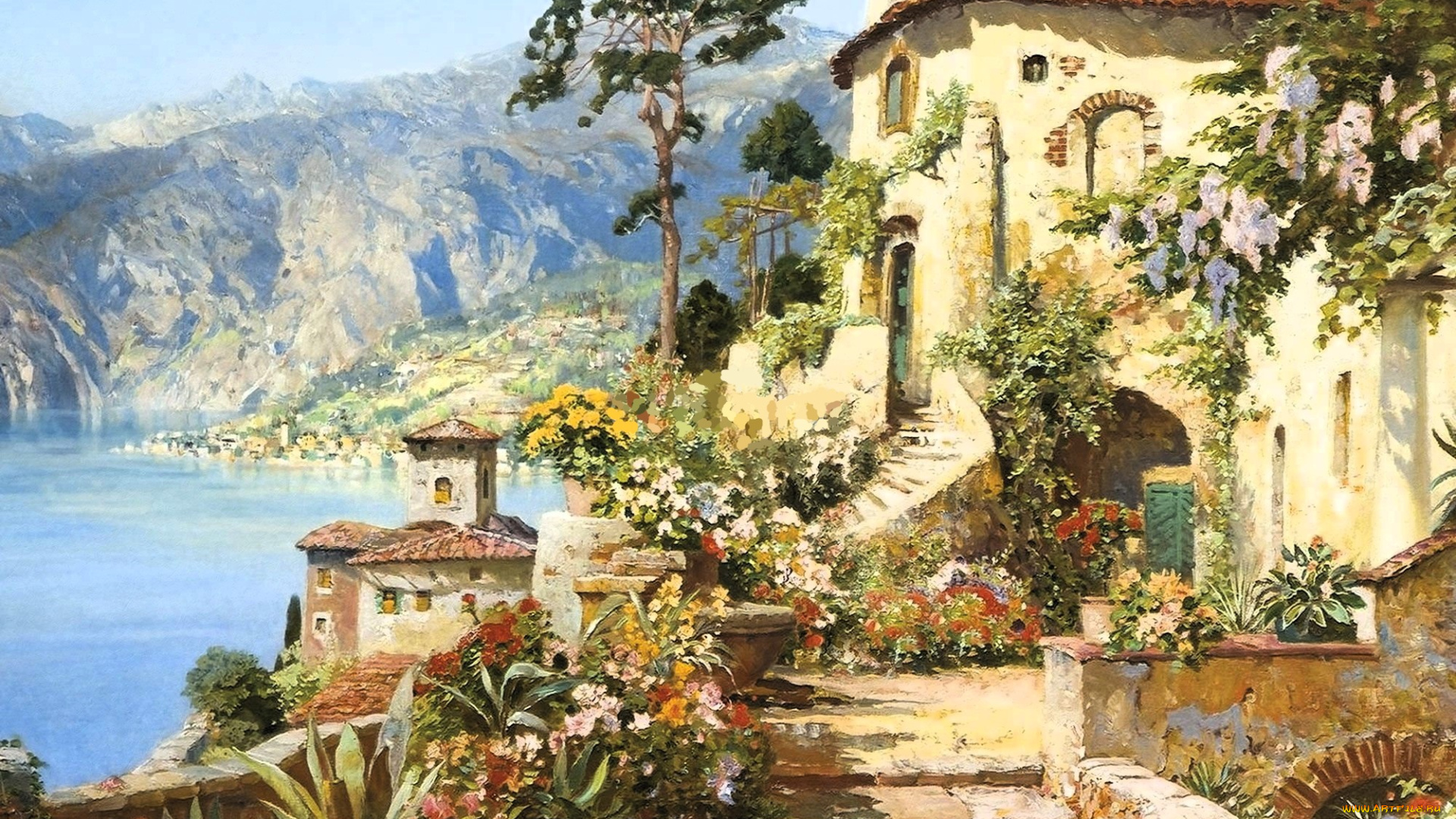рисованное, alois, arnegger, дома, лестница, сад, горы, море
