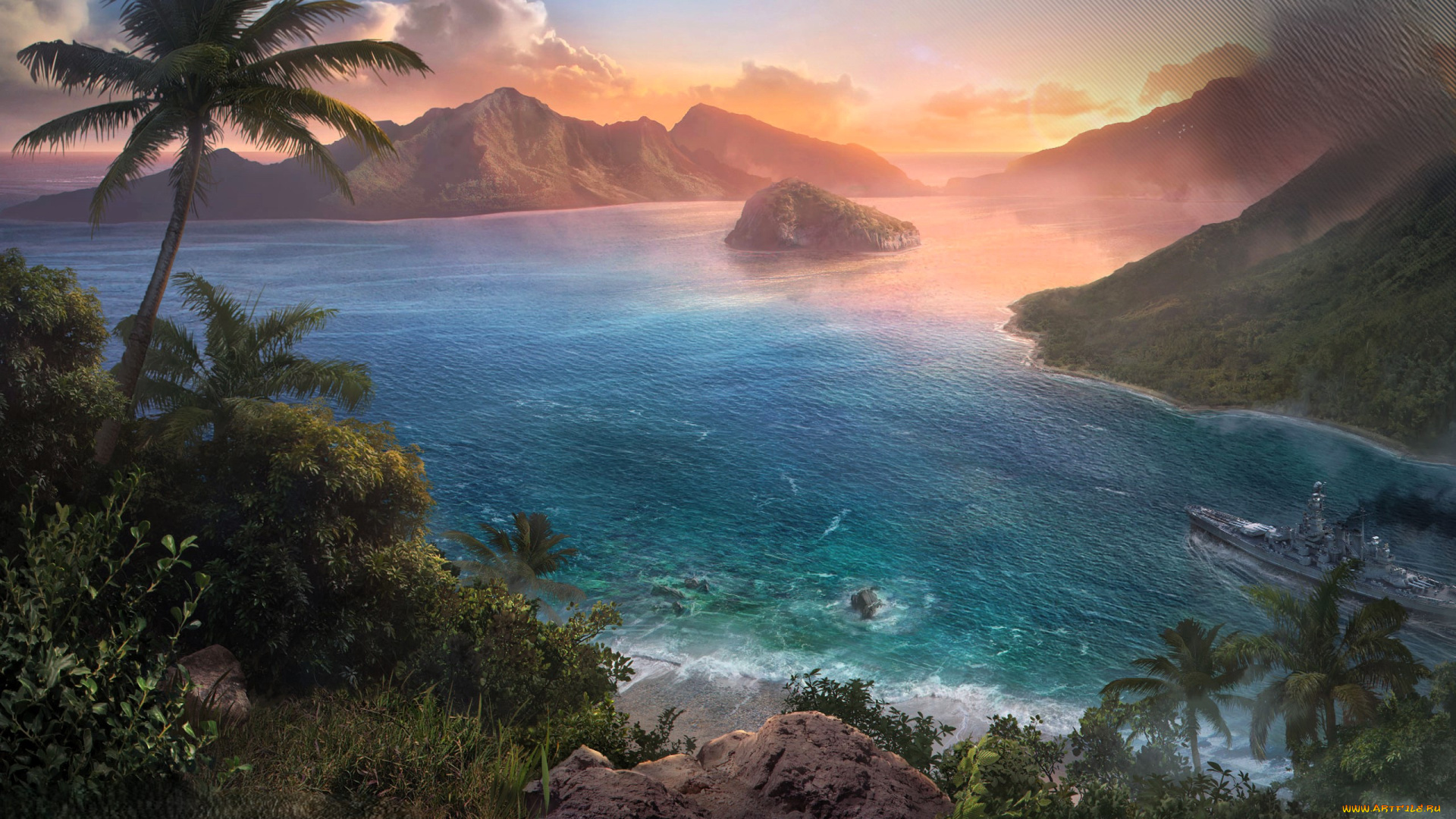 видео, игры, world, of, warships, горы, море, корабль, залив, джунгли