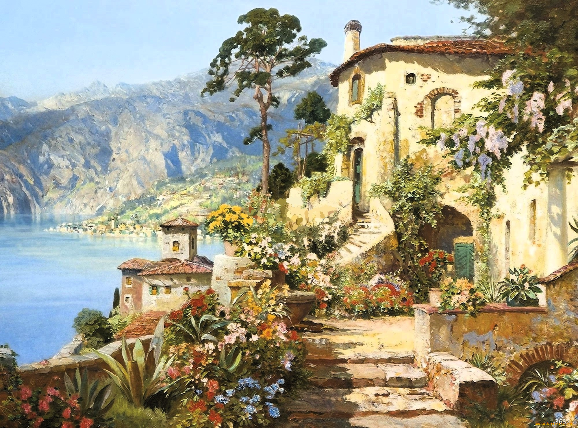 рисованное, alois, arnegger, дома, лестница, сад, горы, море