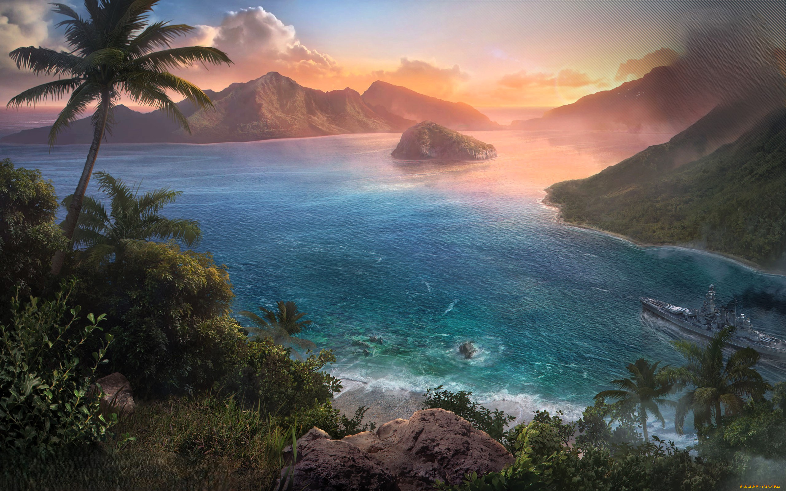 видео, игры, world, of, warships, горы, море, корабль, залив, джунгли