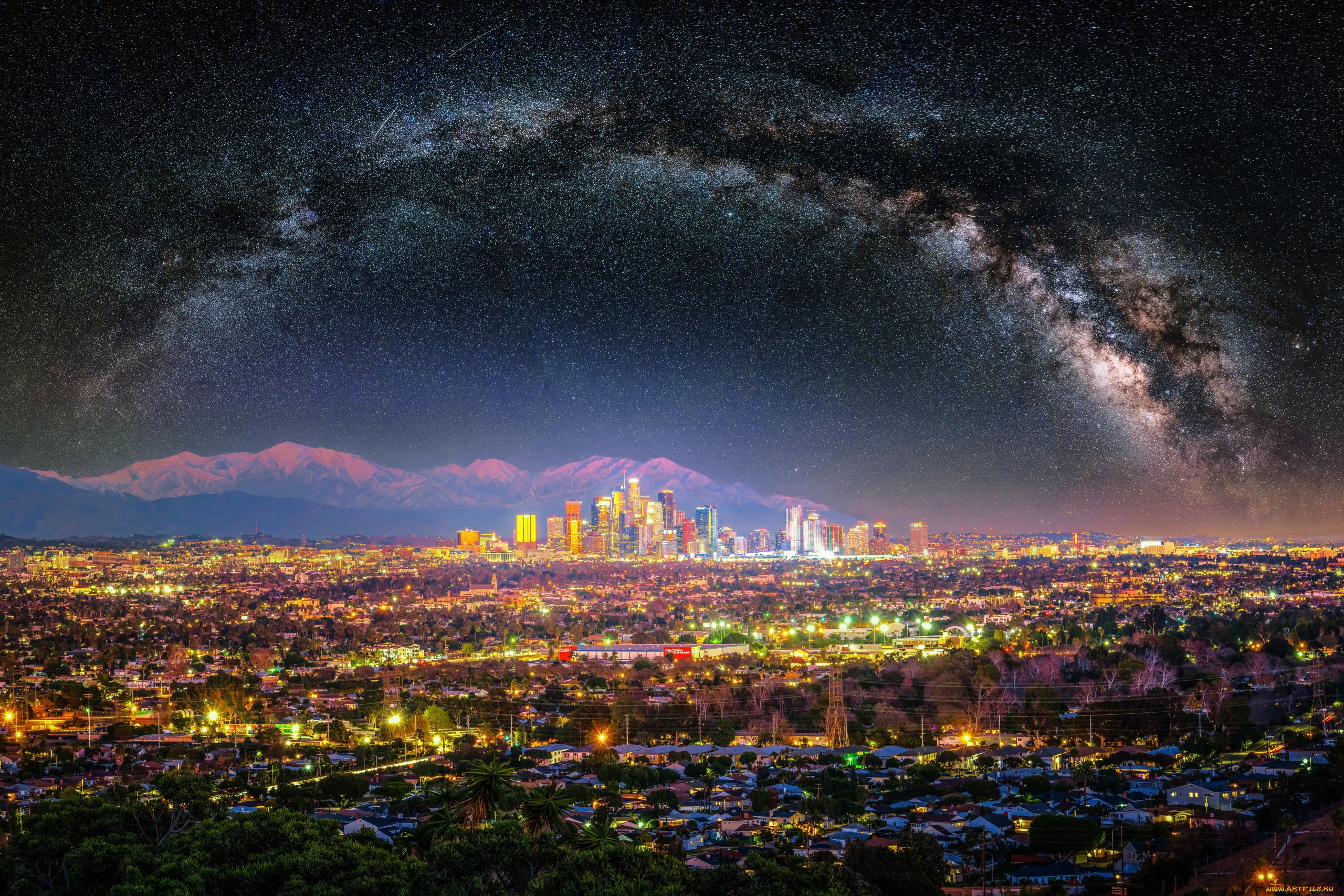 города, лос-анджелес, , сша, вечер, огни, панорама