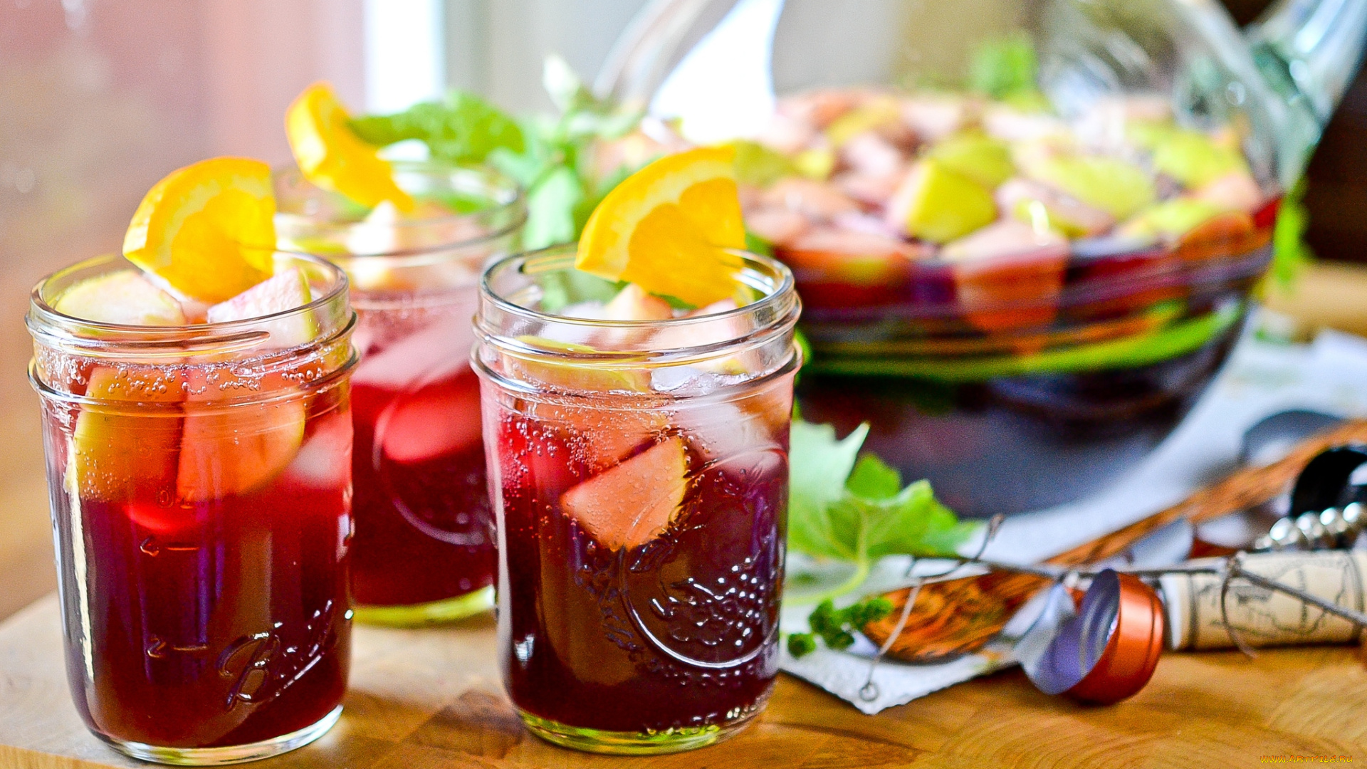 еда, напитки, сангрия, стаканы, фрукты