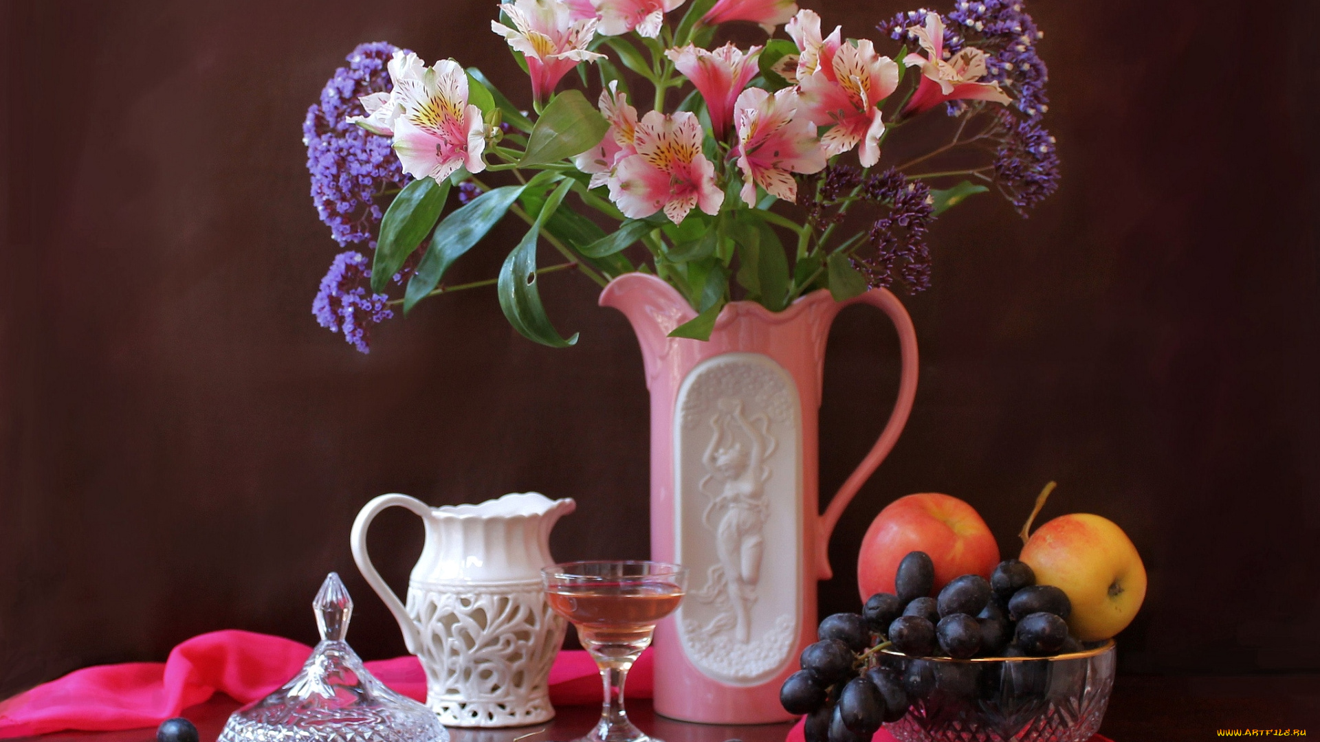 еда, натюрморт, яблоки, виноград, альстромерия