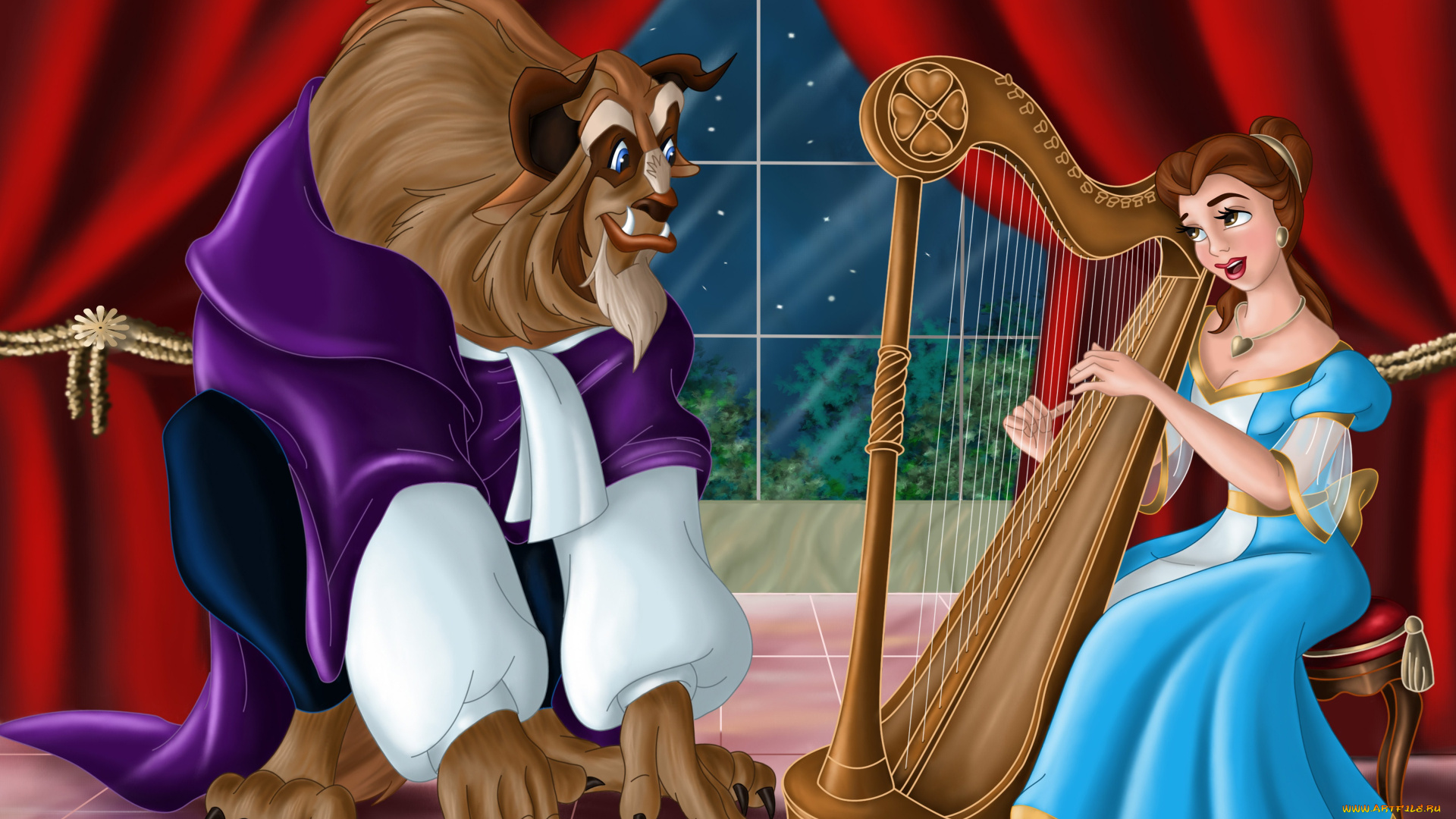 мультфильмы, beauty, and, the, beast, арфа, девушка