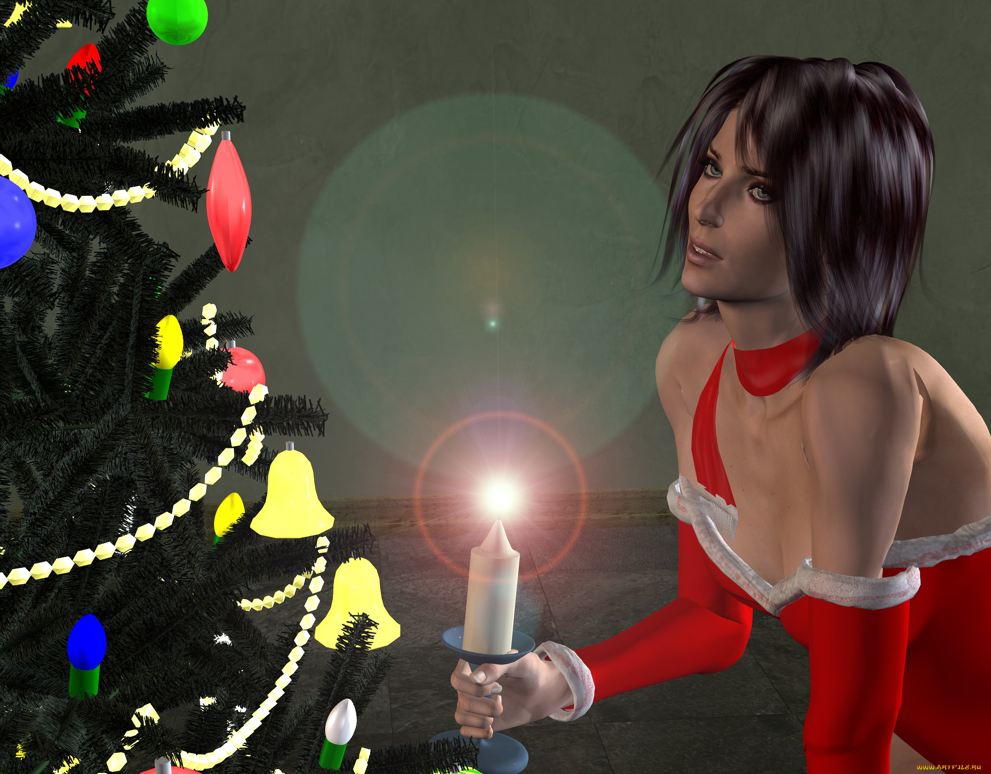3д, графика, holidays, праздники, девушка, ель