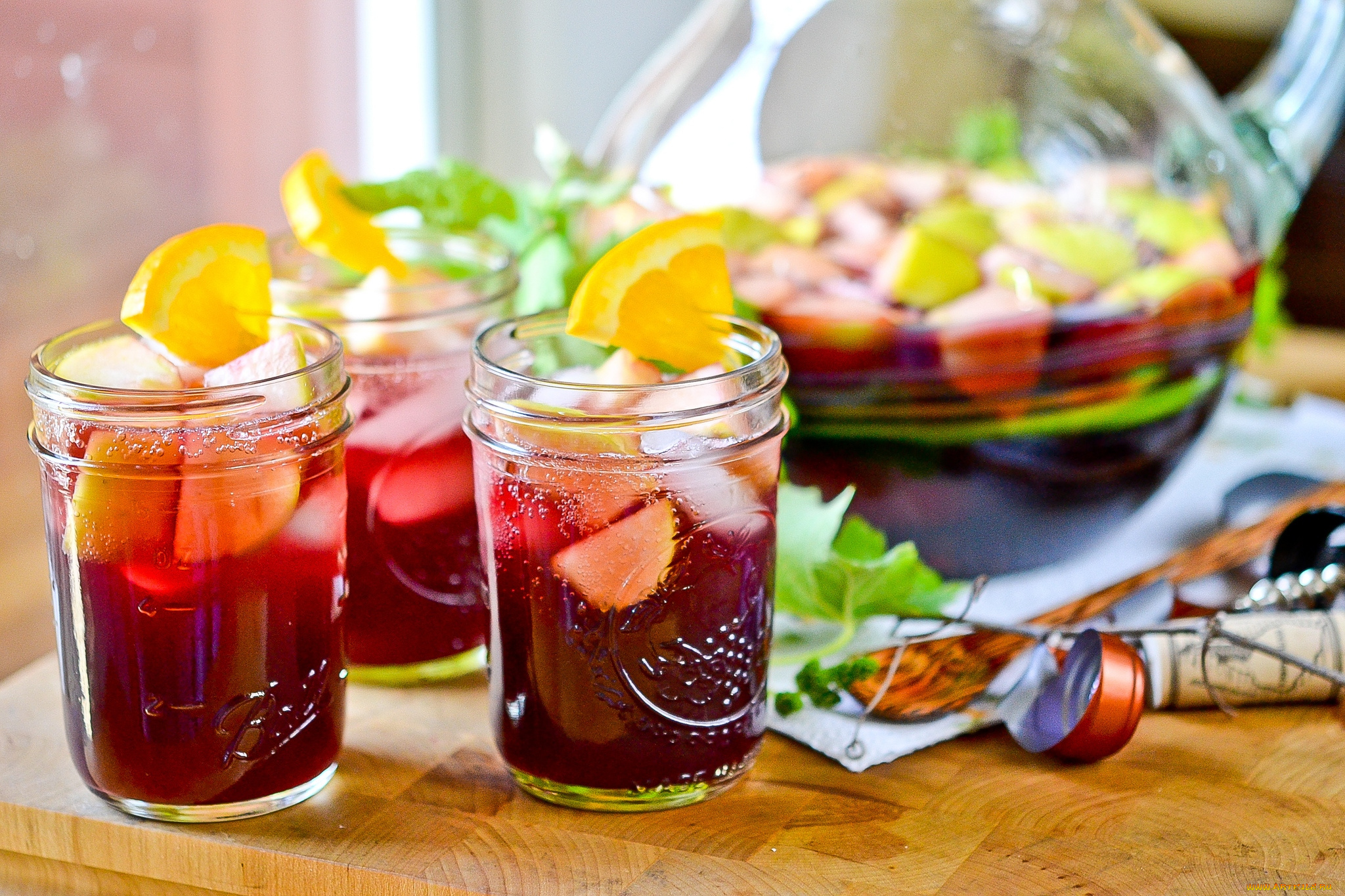 еда, напитки, сангрия, стаканы, фрукты