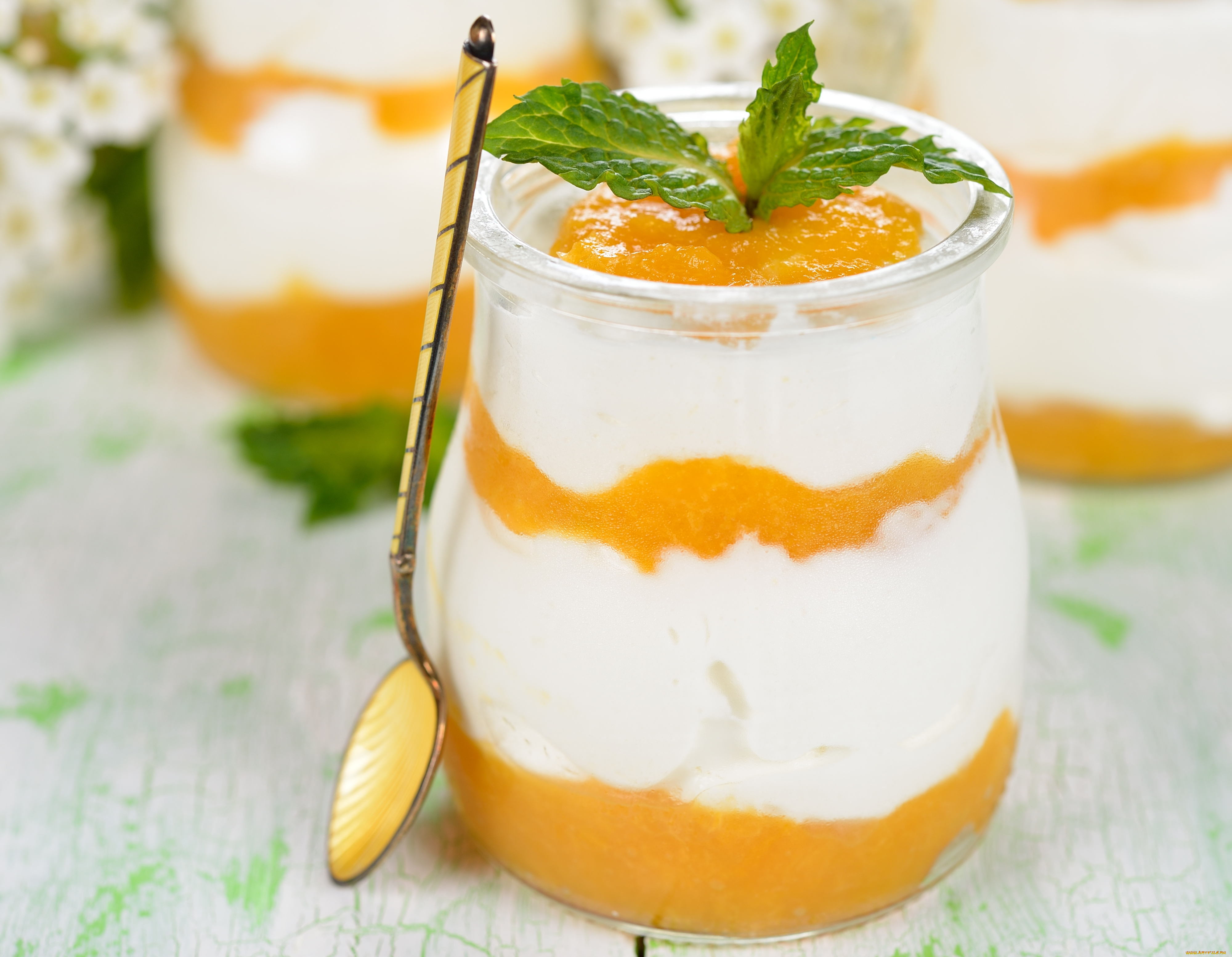 еда, мороженое, десерты, панна, котта, десерт, ложка, мята