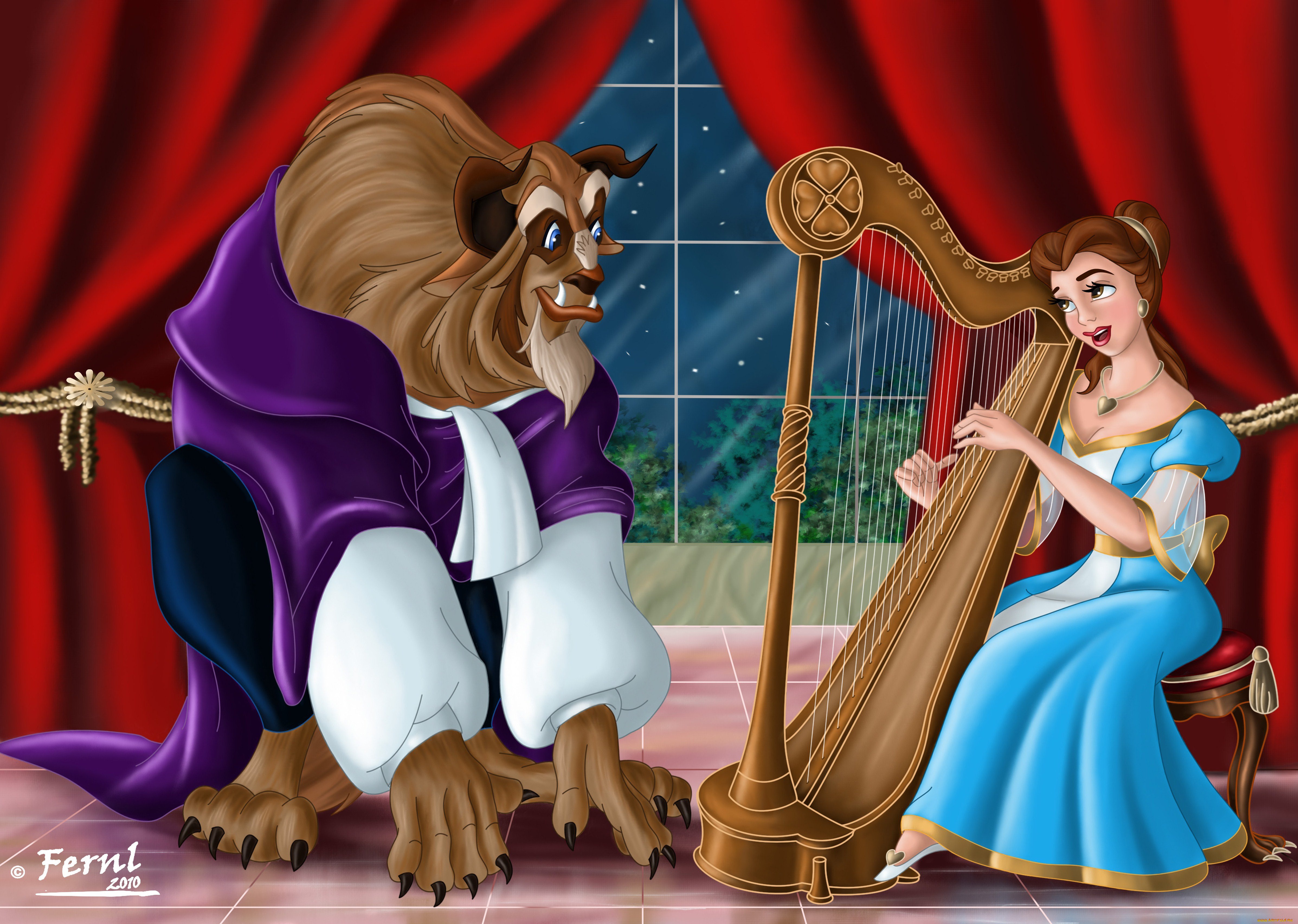 мультфильмы, beauty, and, the, beast, арфа, девушка