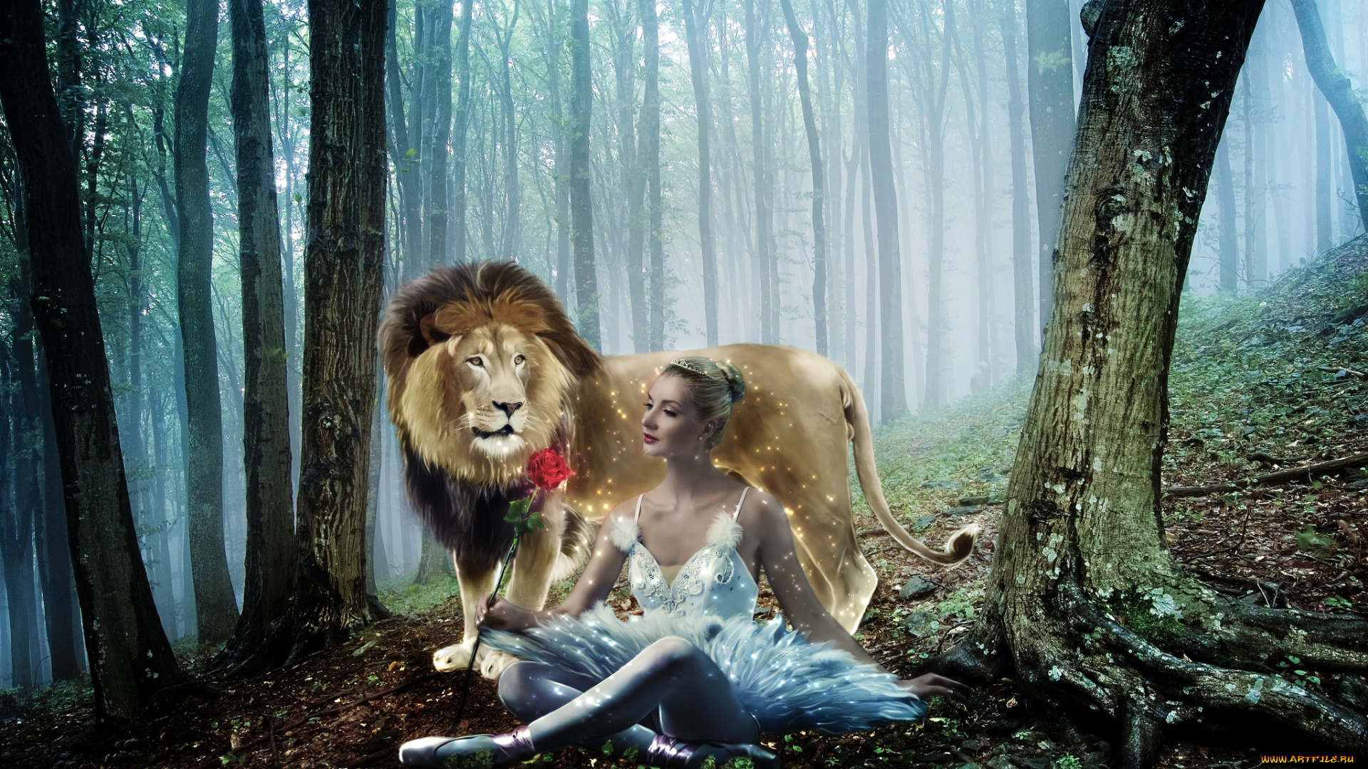 фэнтези, фотоарт, девушка, лев