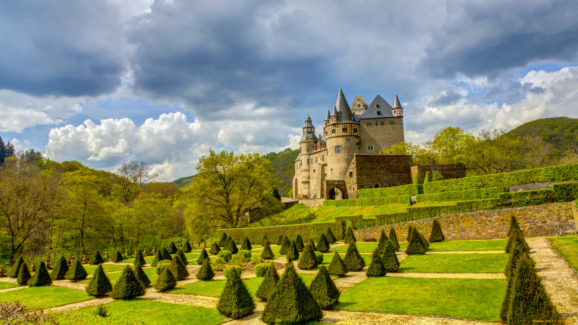 германия, замок, бюрресхайм, города, -, дворцы, , замки, , крепости, бюрресхайм, парк, кусты, замок, германия