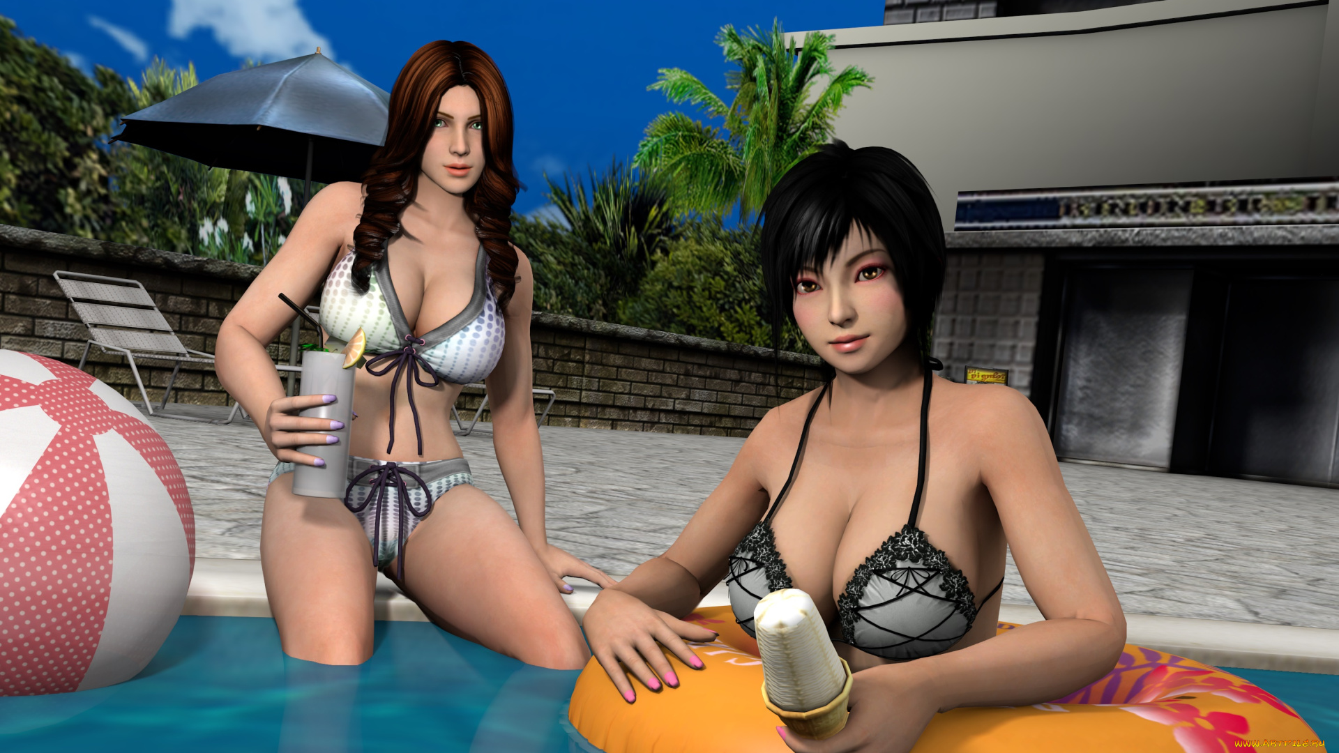 3д, графика, аниме, , anime, взгляд, девушки, бассейн, фон