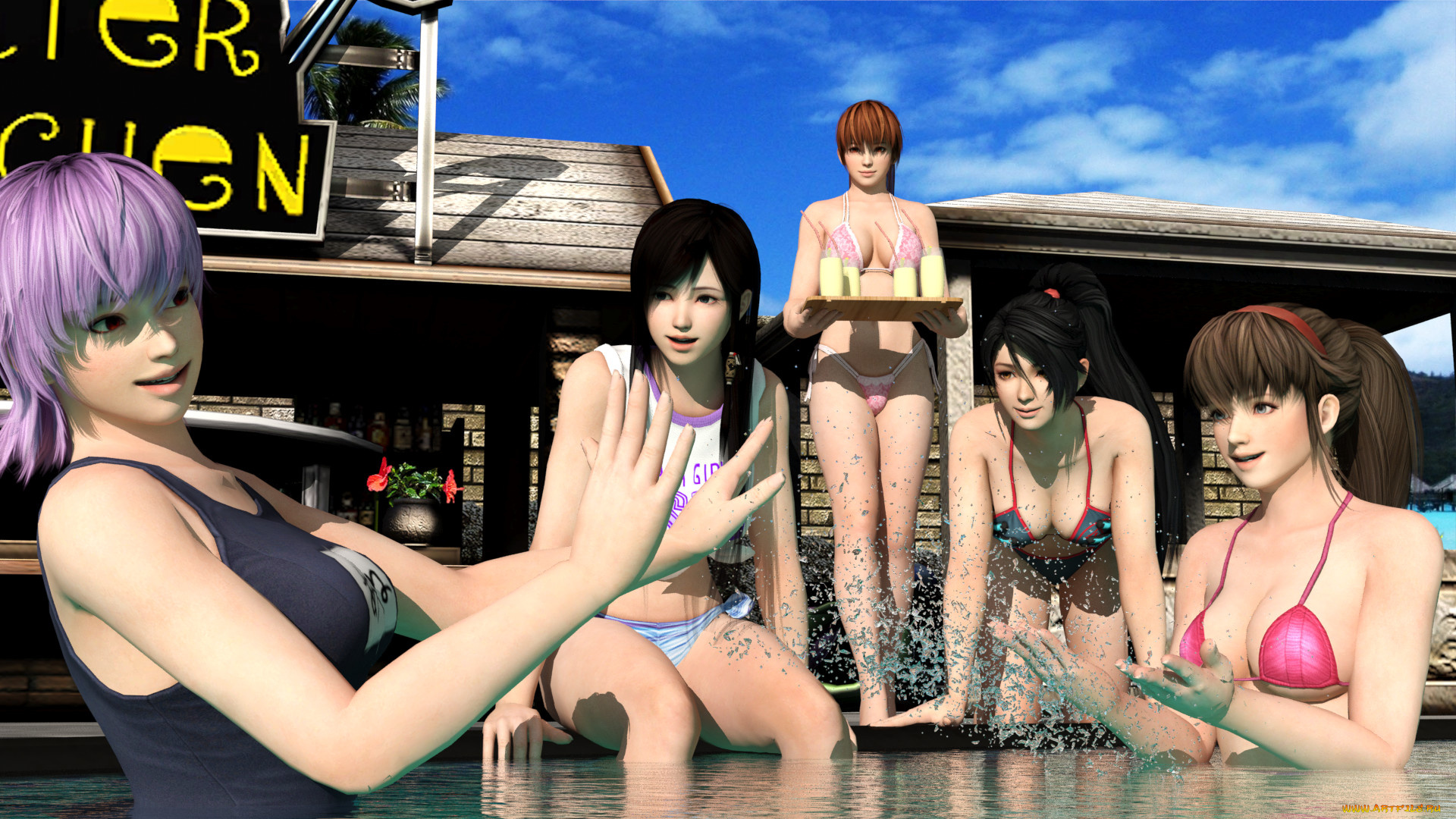 3д, графика, люди, , people, девушки, бассейн, фон, взгляд