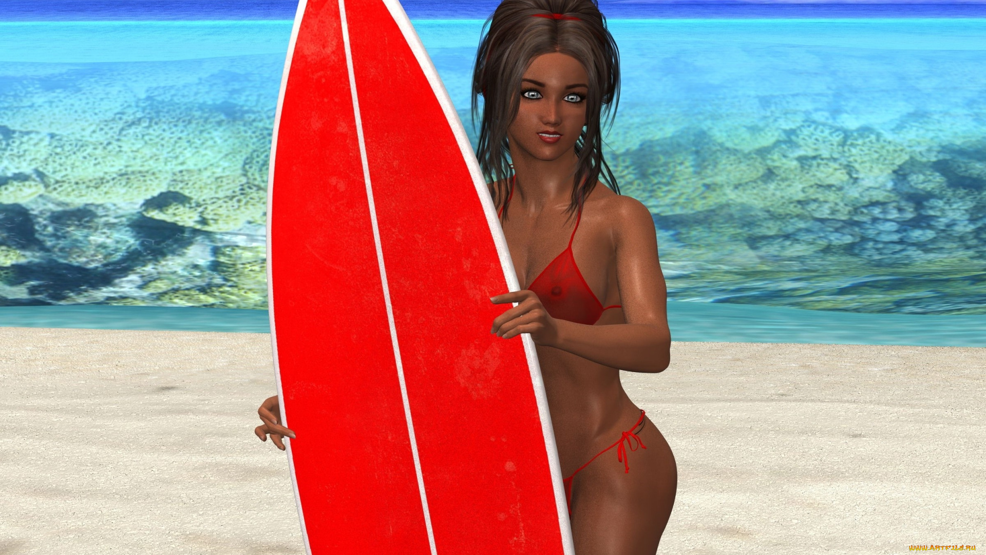 3д, графика, люди, , people, серфинг, доска, море, фон, взгляд, девушка