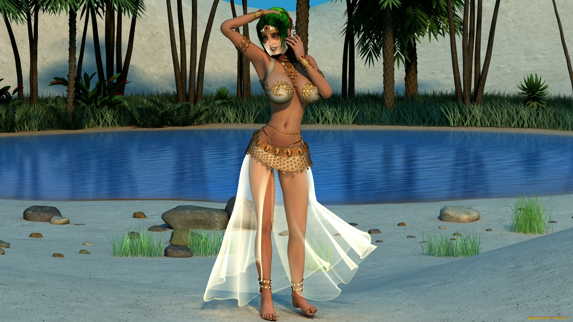 3д, графика, люди, , people, взгляд, девушка, оазис, фон